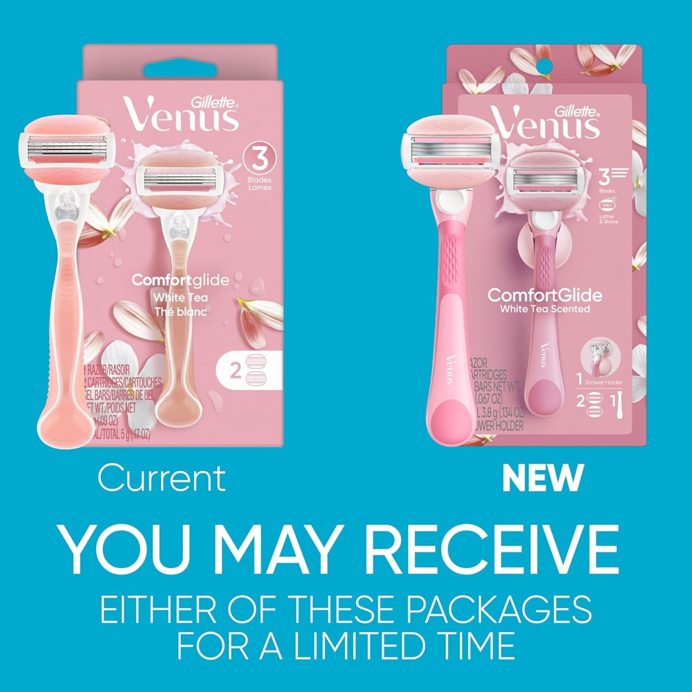 Gillette Venus Comfort Glide White Tea Women's Razor Handle + 2 Blade Refills 1 Set