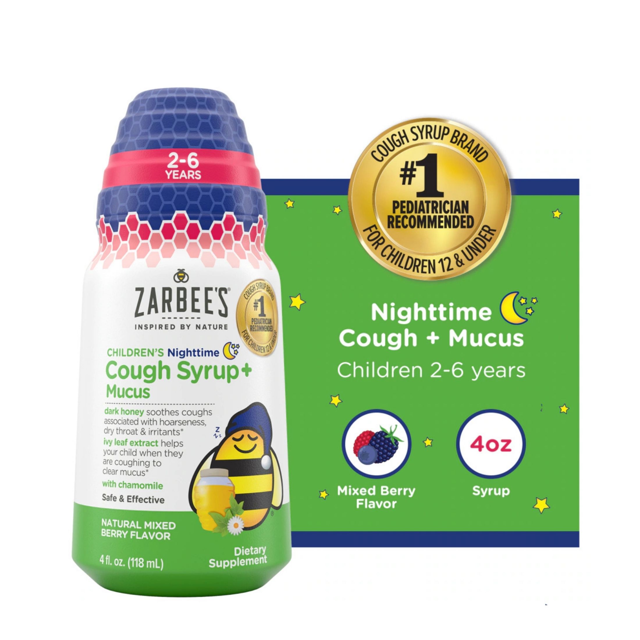 Zarbee's Cough Syrup Mucus, Children's, Nighttime, Natural Mixed Berry Flavor 4 Fl Oz