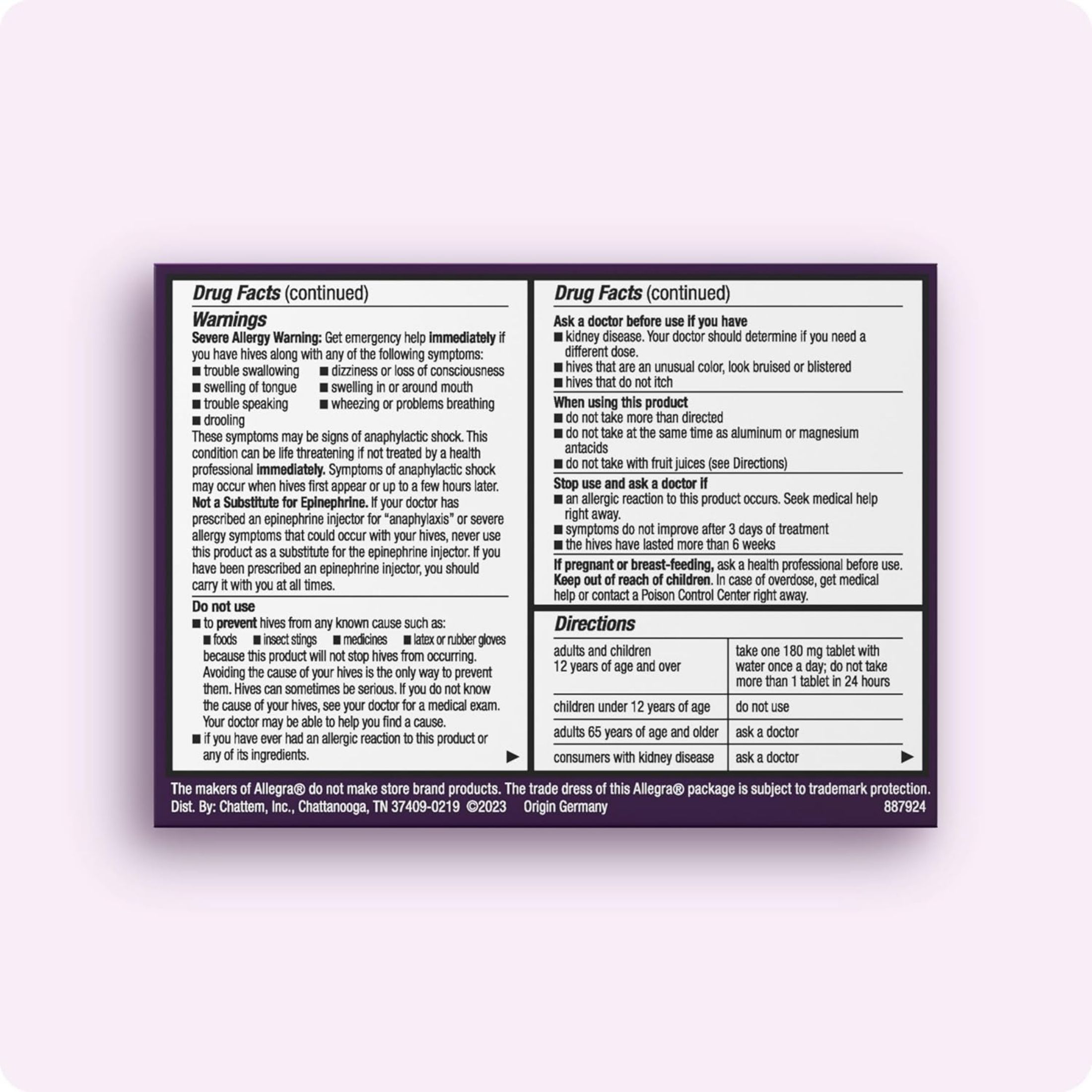 Allegra Hives, 180 Mg, 24 Hr, Non Drowsy, Tablets