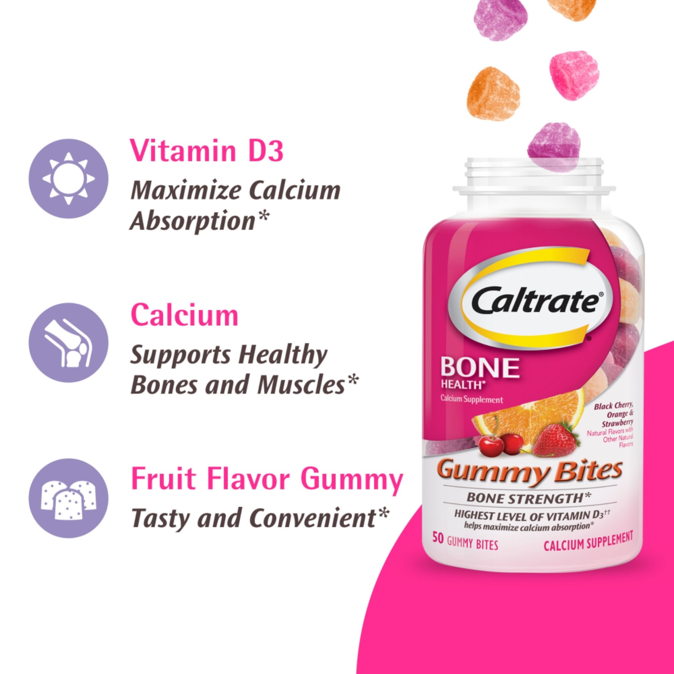 Caltrate Bone Health, Gummy Bites, Black Cherry, Orange & Strawberry