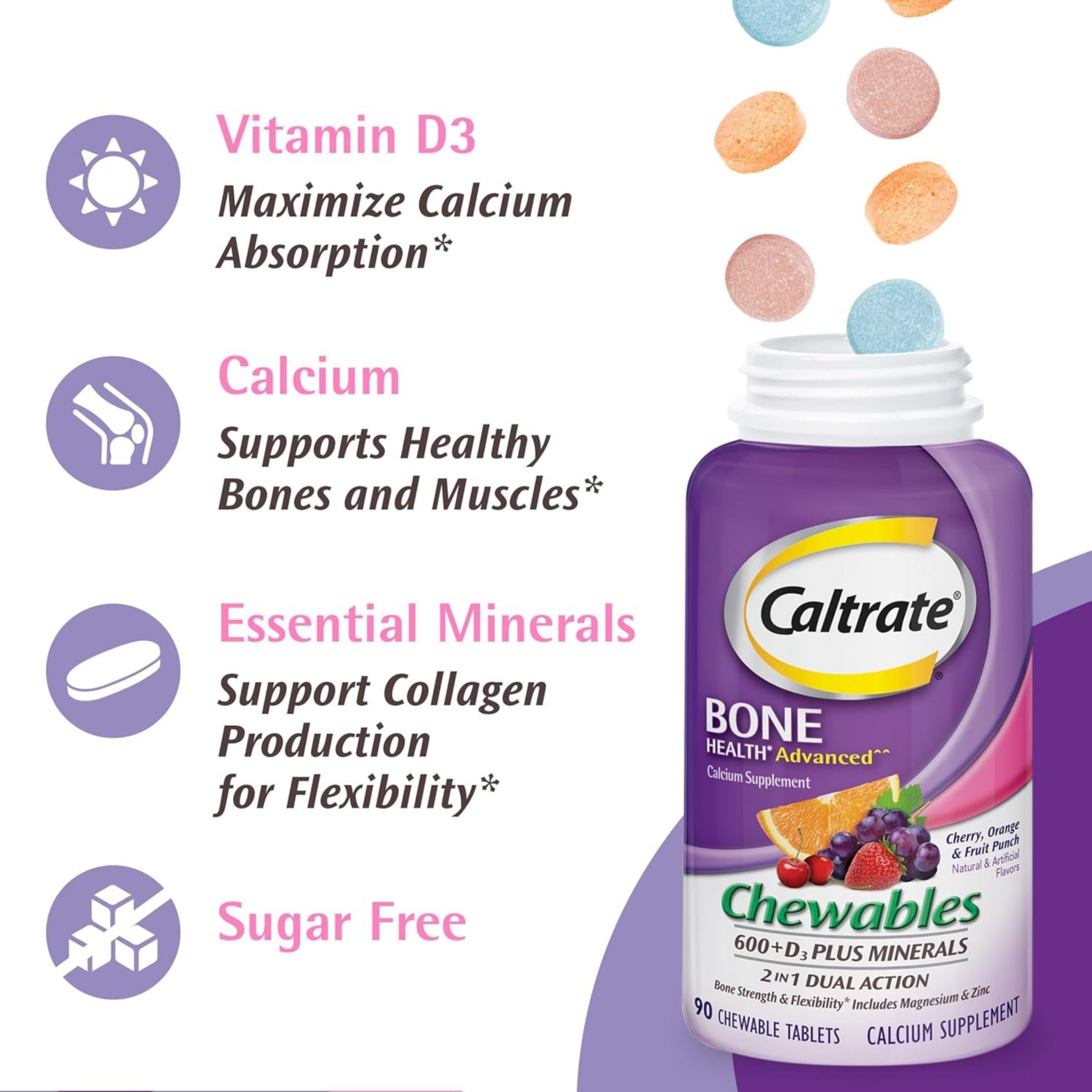 Caltrate Chewables 600 + D3 Plus Minerals Supplement, Cherry, Orange And Fruit Punch Flavor
