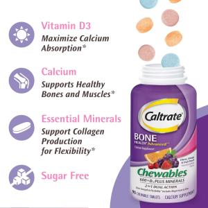 Caltrate Chewables 600 + D3 Plus Minerals Supplement, Cherry, Orange And Fruit Punch Flavor