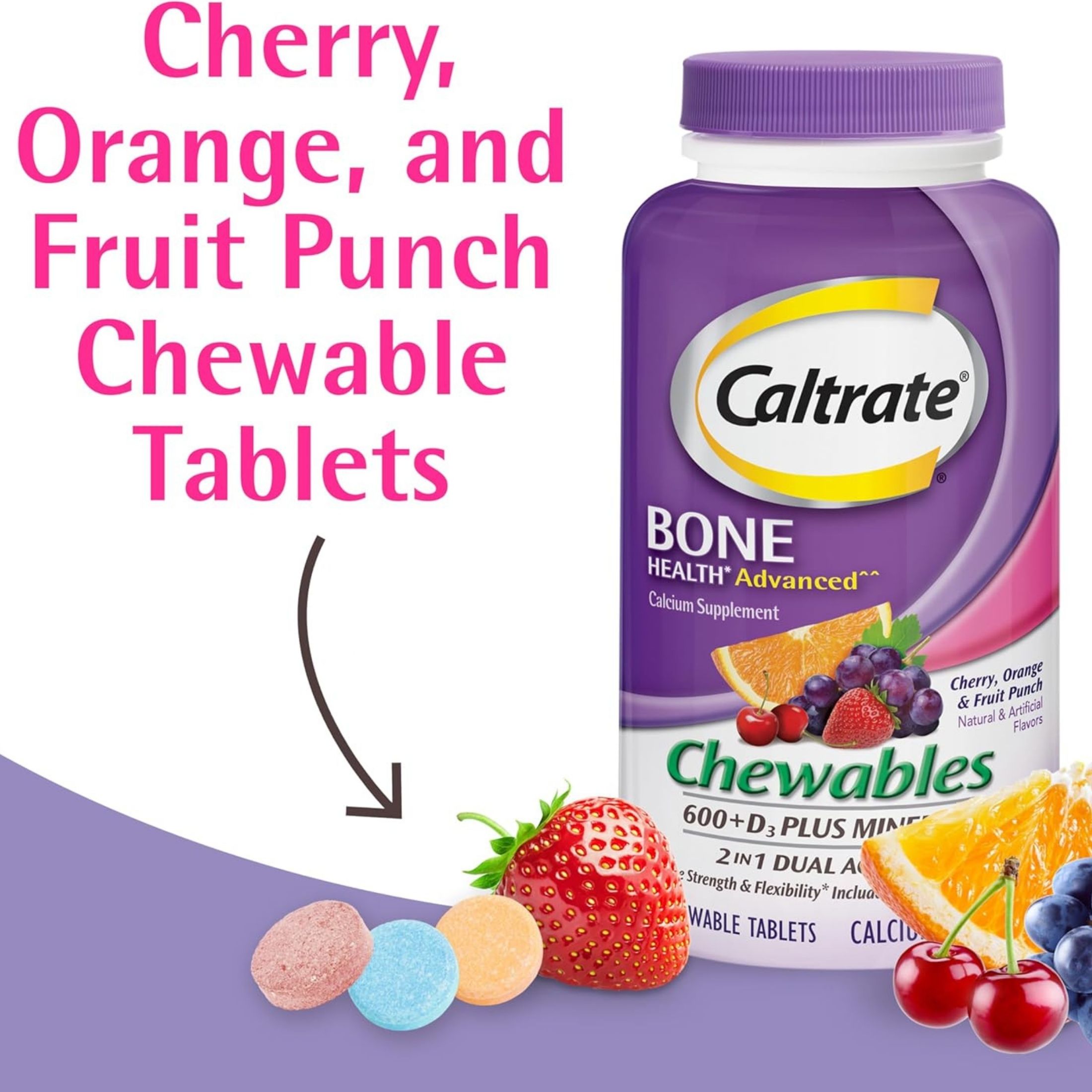 Caltrate Chewables 600 + D3 Plus Minerals Supplement, Cherry, Orange And Fruit Punch Flavor