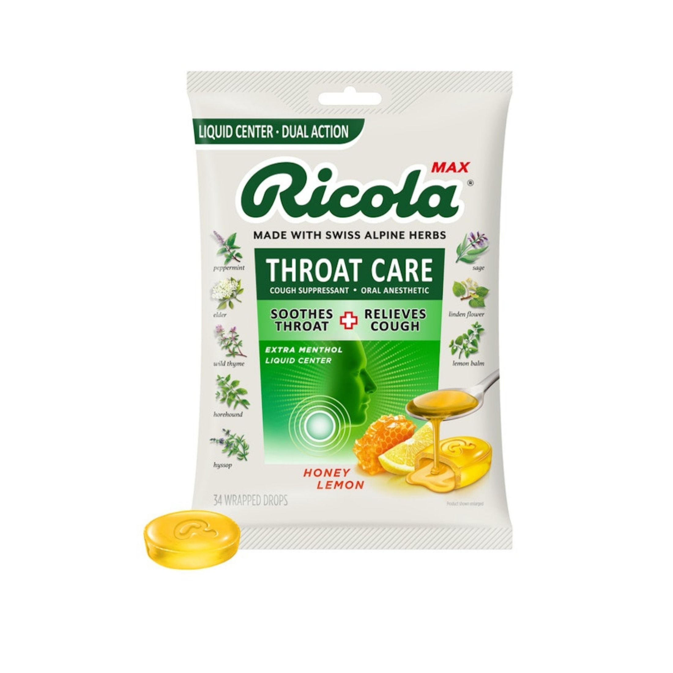Ricola Drops, Honey Lemon, Throat Care, Extra Menthol, Liquid Center, Wrapped Drops