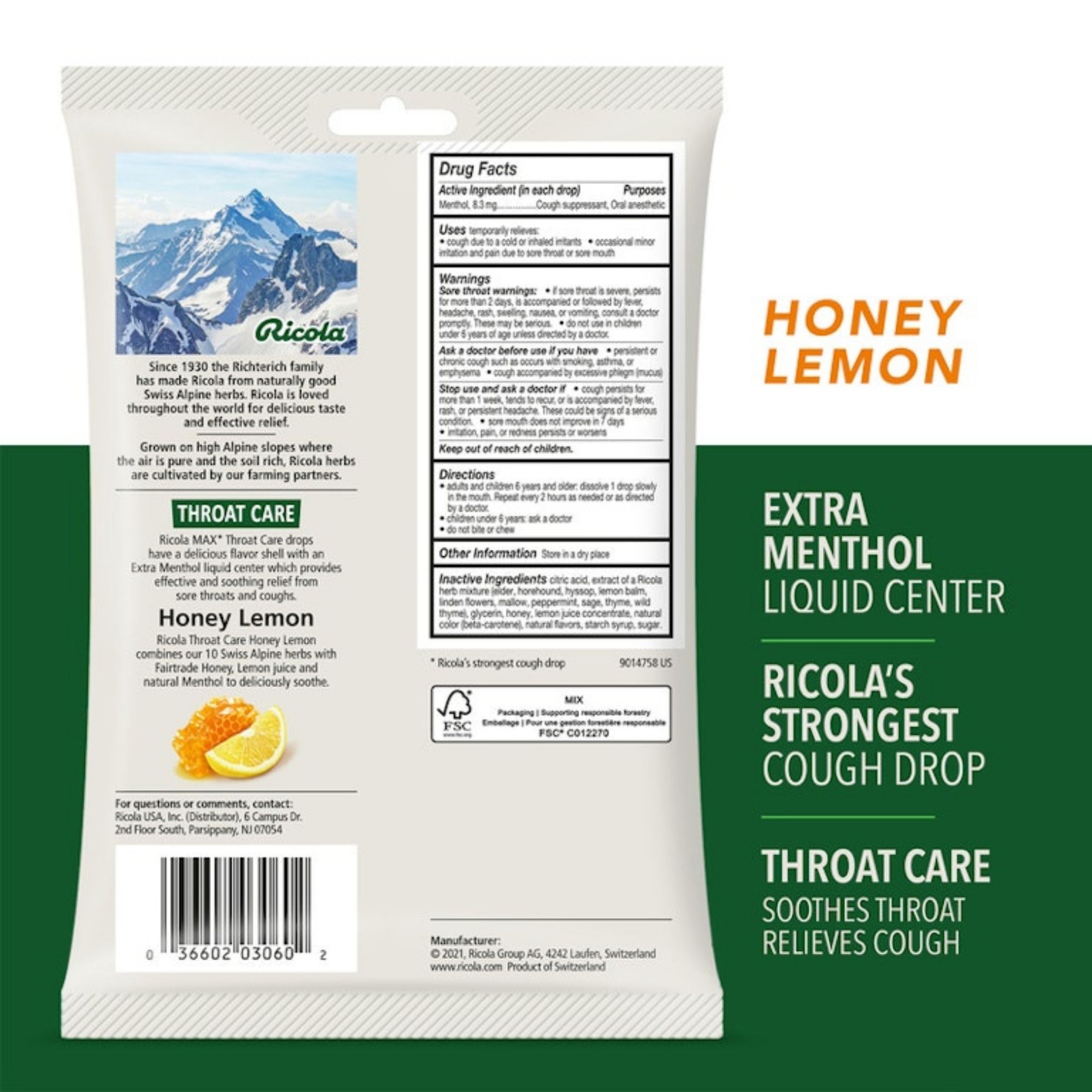 Ricola Drops, Honey Lemon, Throat Care, Extra Menthol, Liquid Center, Wrapped Drops