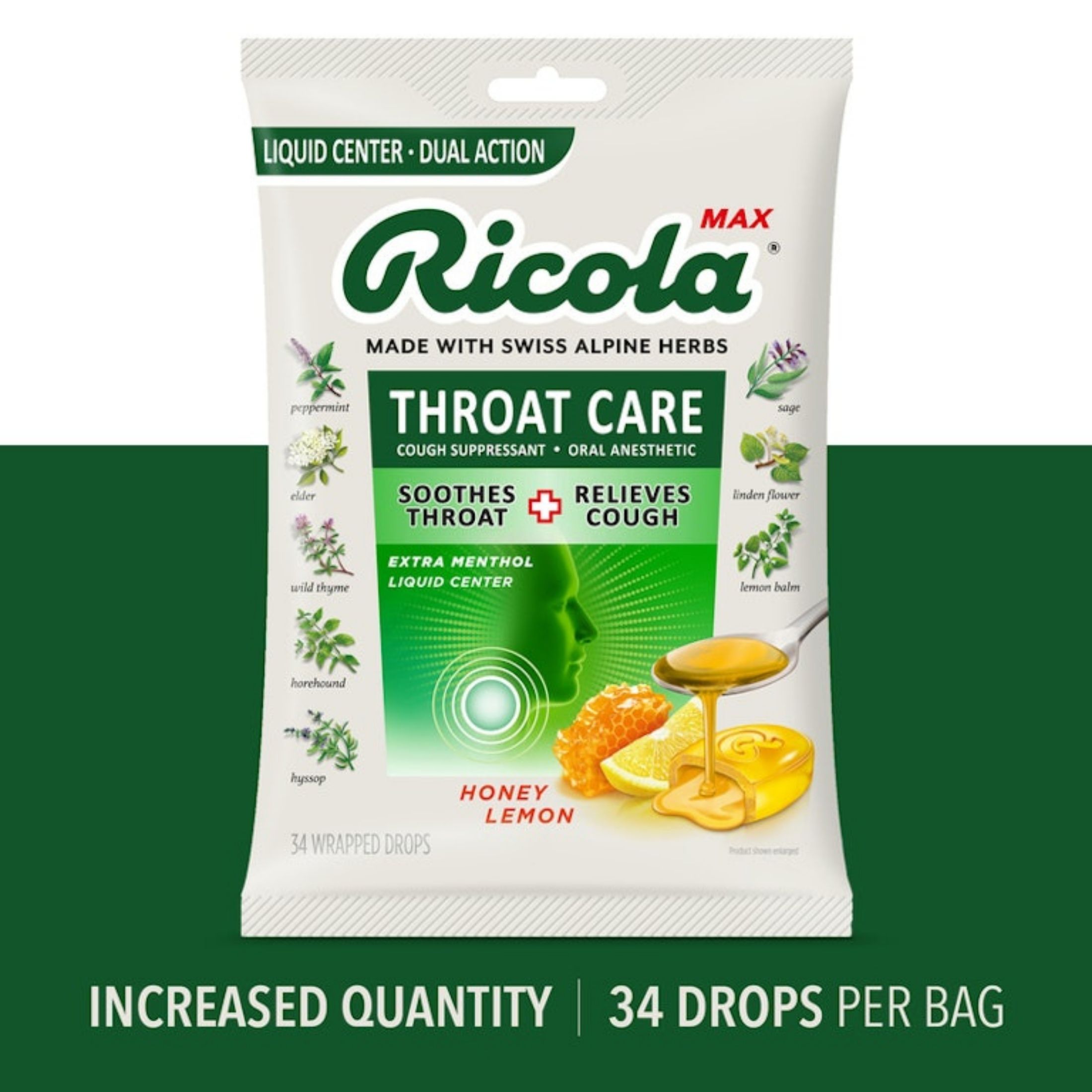 Ricola Drops, Honey Lemon, Throat Care, Extra Menthol, Liquid Center, Wrapped Drops