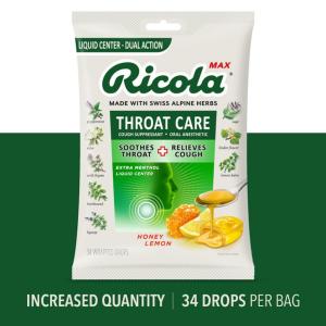Ricola Drops, Honey Lemon, Throat Care, Extra Menthol, Liquid Center, Wrapped Drops