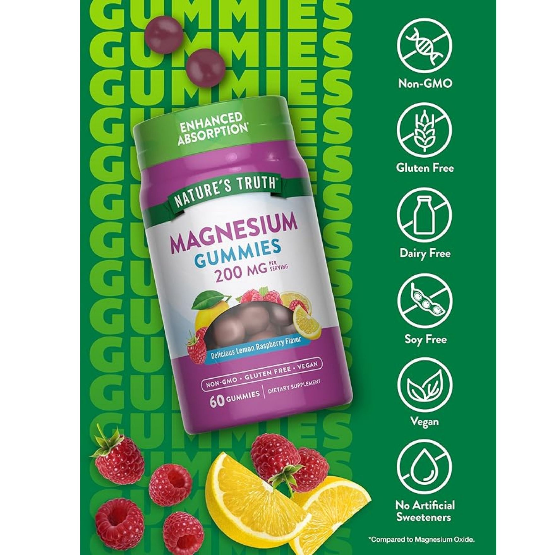 Nature's Truth Enhanced Absorption Magnesium 200 Mg Vegan Gummies, Natural Lemon Raspberry