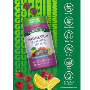 Nature's Truth Enhanced Absorption Magnesium 200 Mg Vegan Gummies, Natural Lemon Raspberry