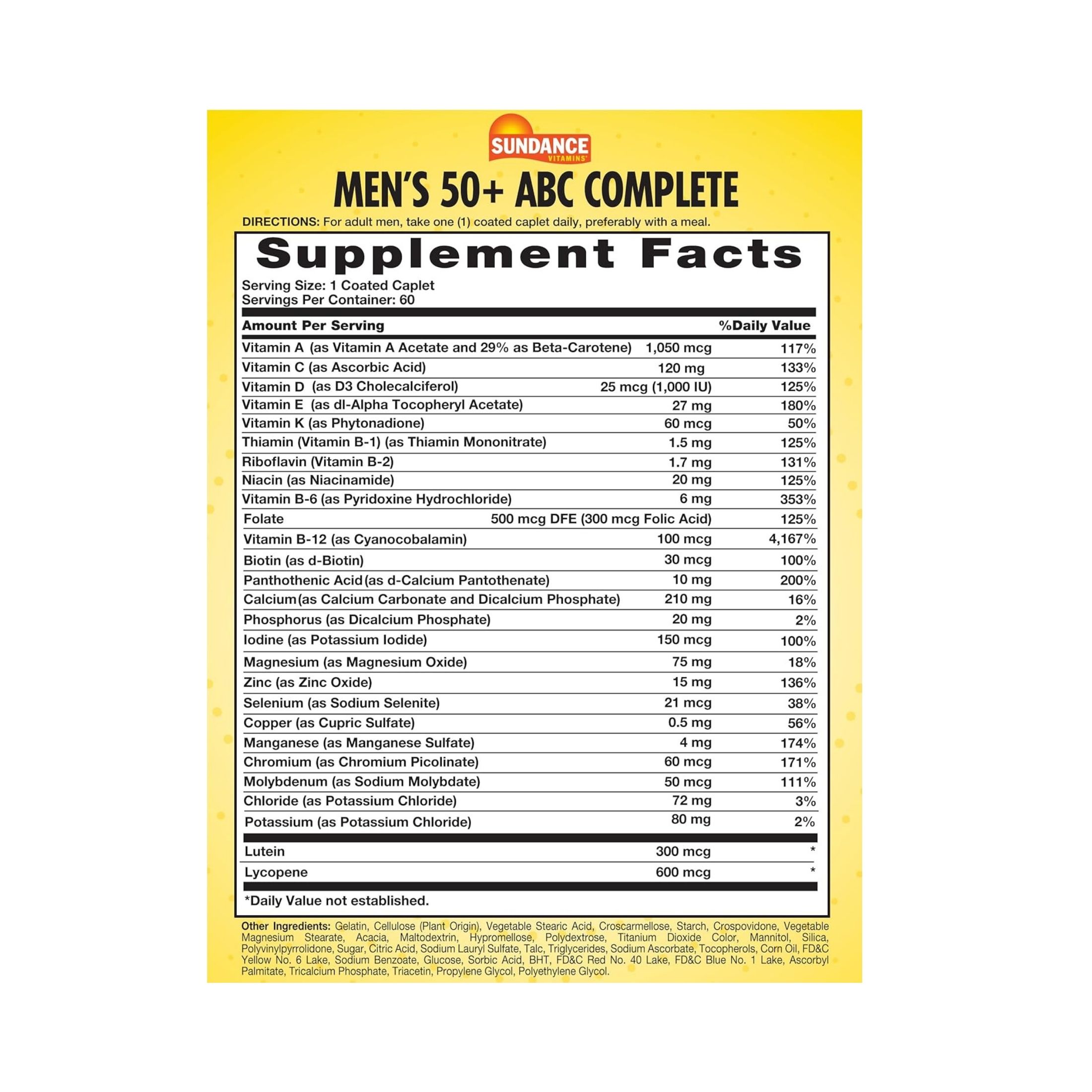 Sundance Vitamins Men's 50+, ABC Complete Multivitamin Multimineral, 60 Coated Caplets