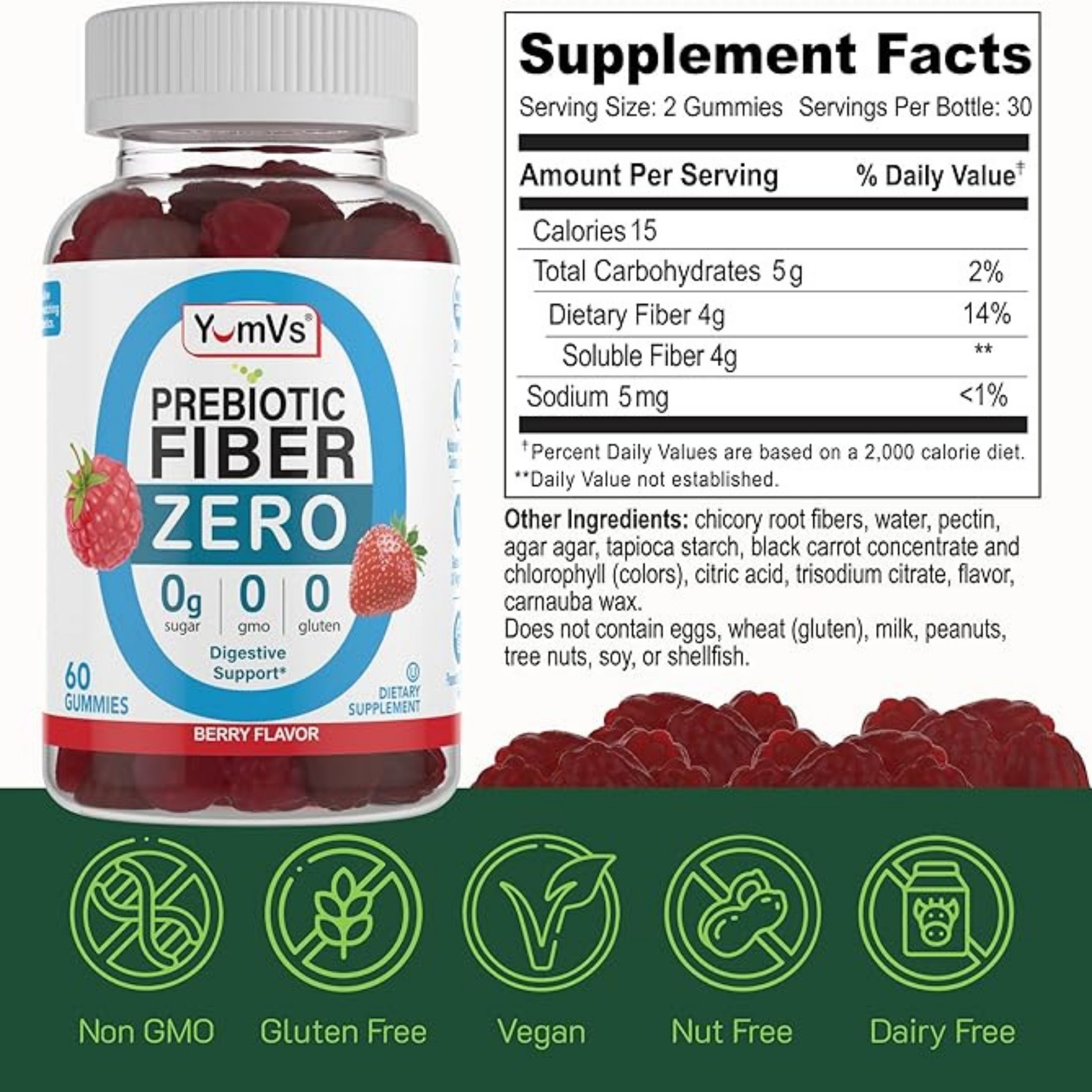 Yum Vs Prebiotic Fiber, Zero, Gummies, Berry Flavors