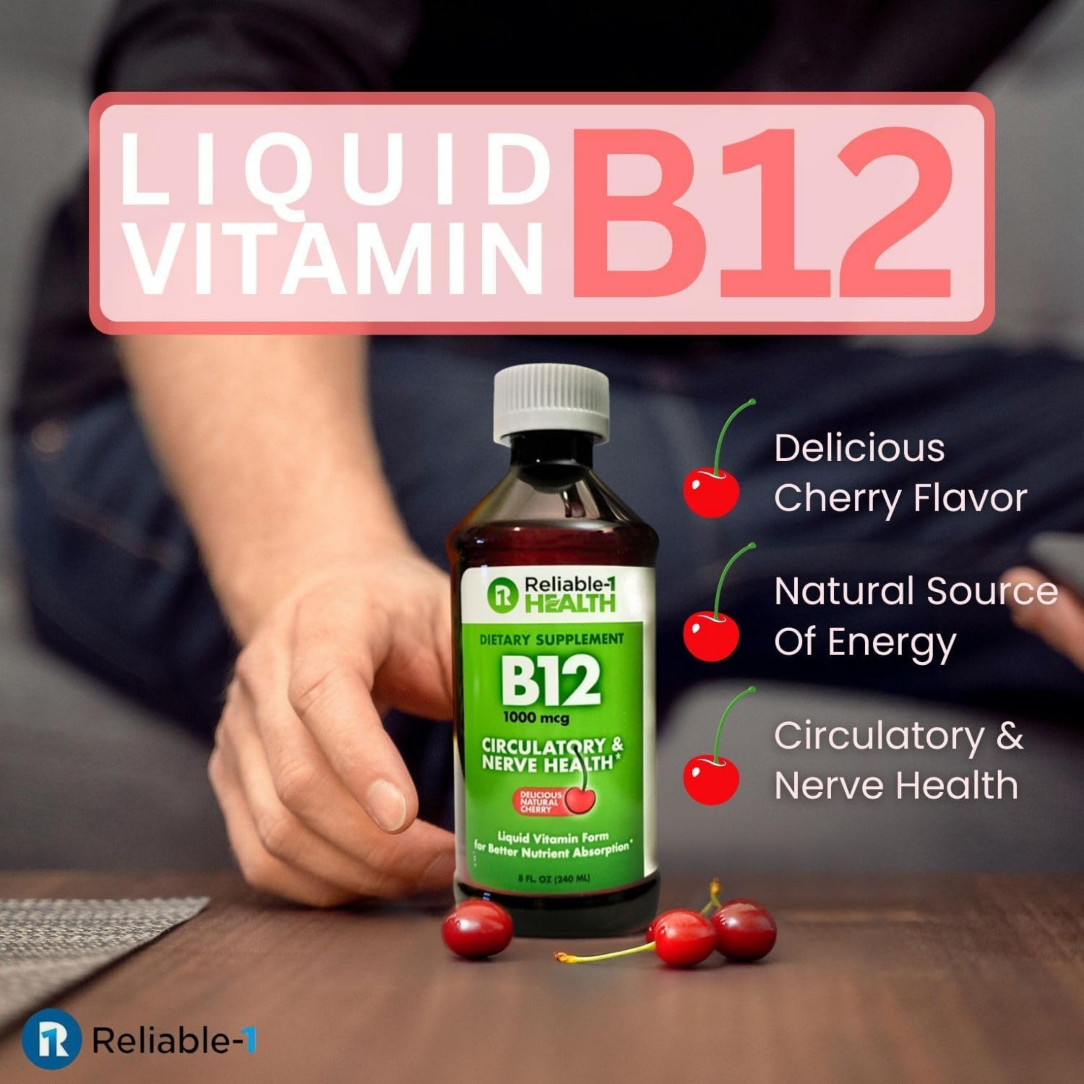 Reliable-1 Laboratories Liquid Vitamin B12 Daily Supplement 1000mcg For Adult Men & Women - Natural Cherry Flavor