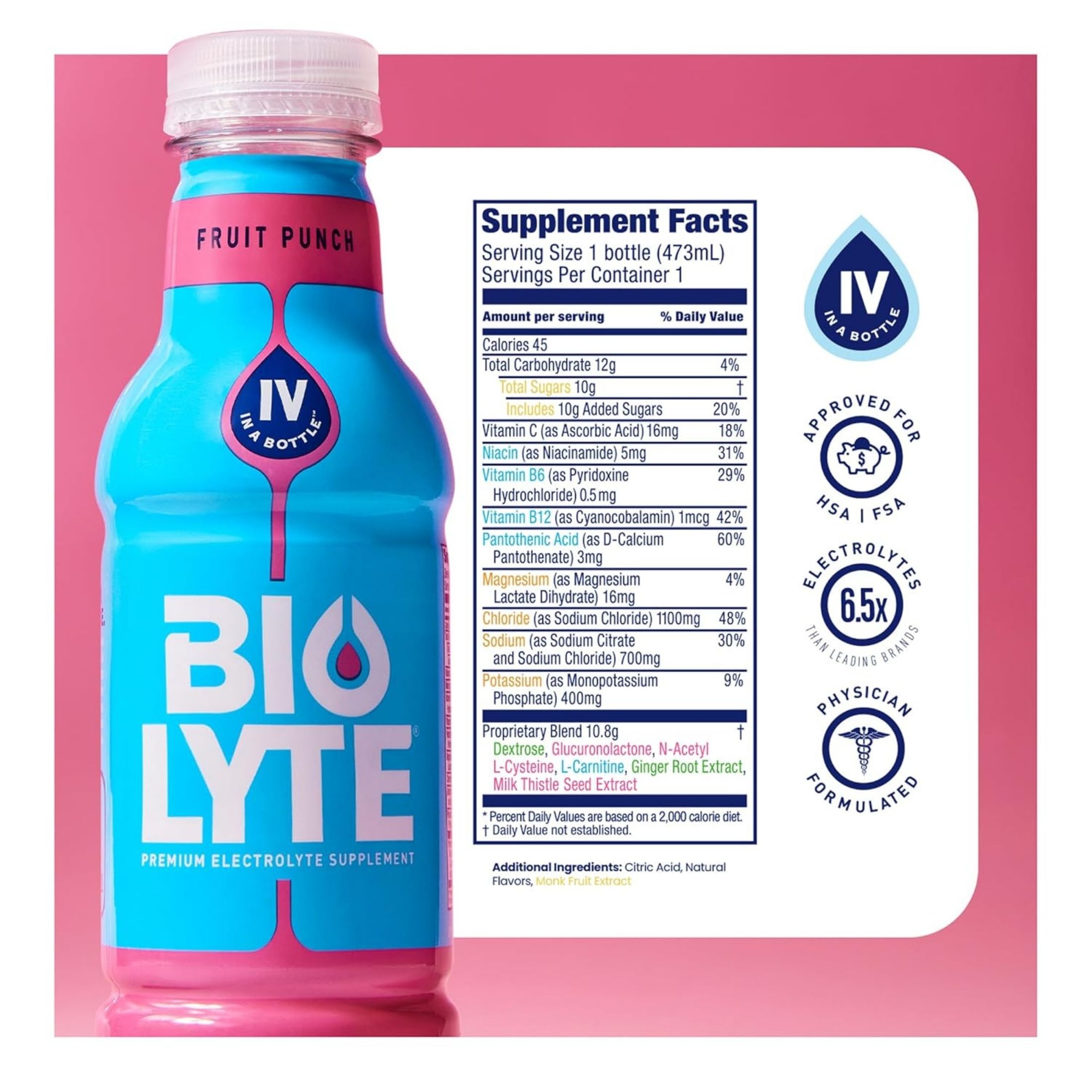 Biolyte Electrolyte Drink For Rapid Hydration, Punch, 16 Oz