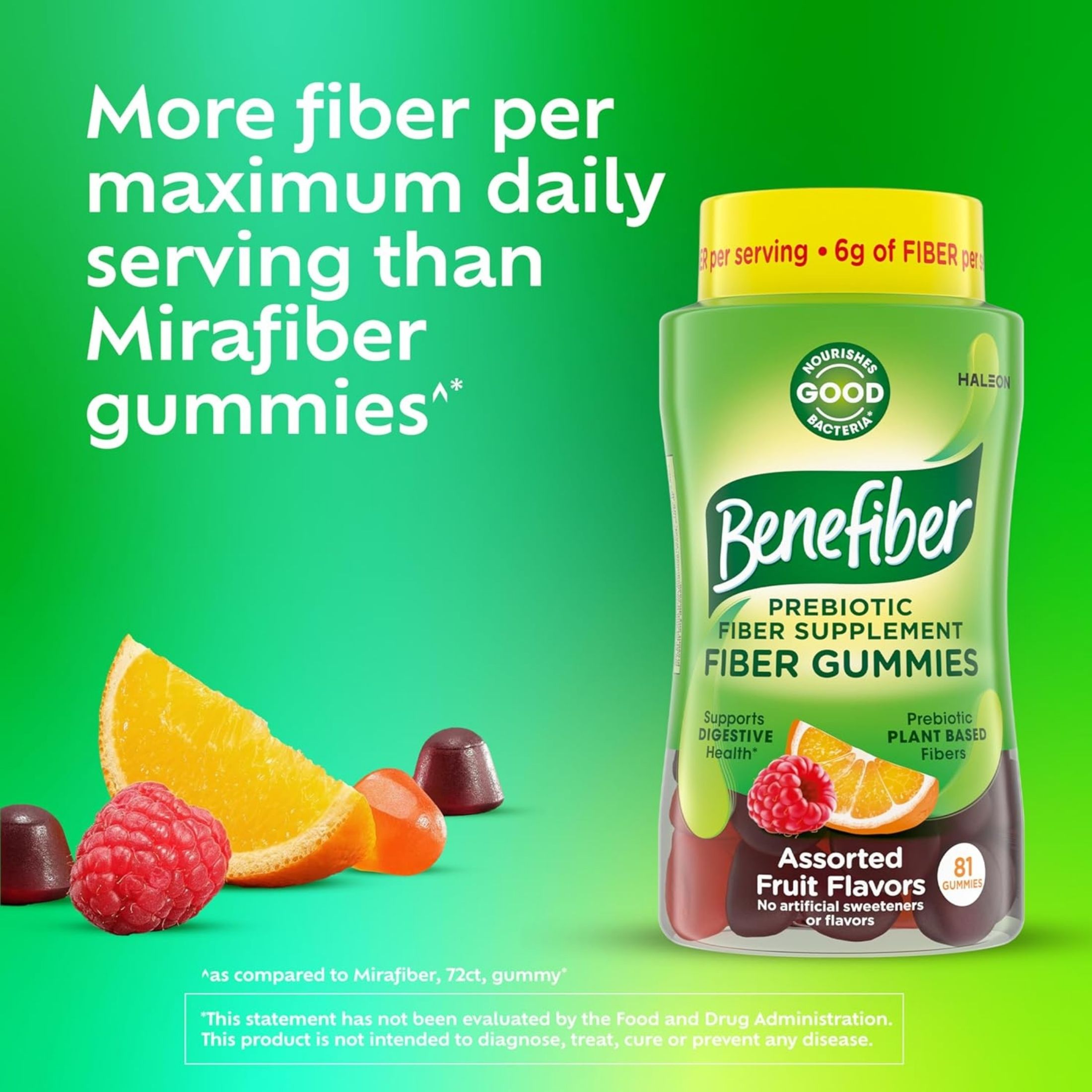Benefiber Prebiotic Fiber Supplement Gummies For Digestive Health, Assorted Fruit Flavor