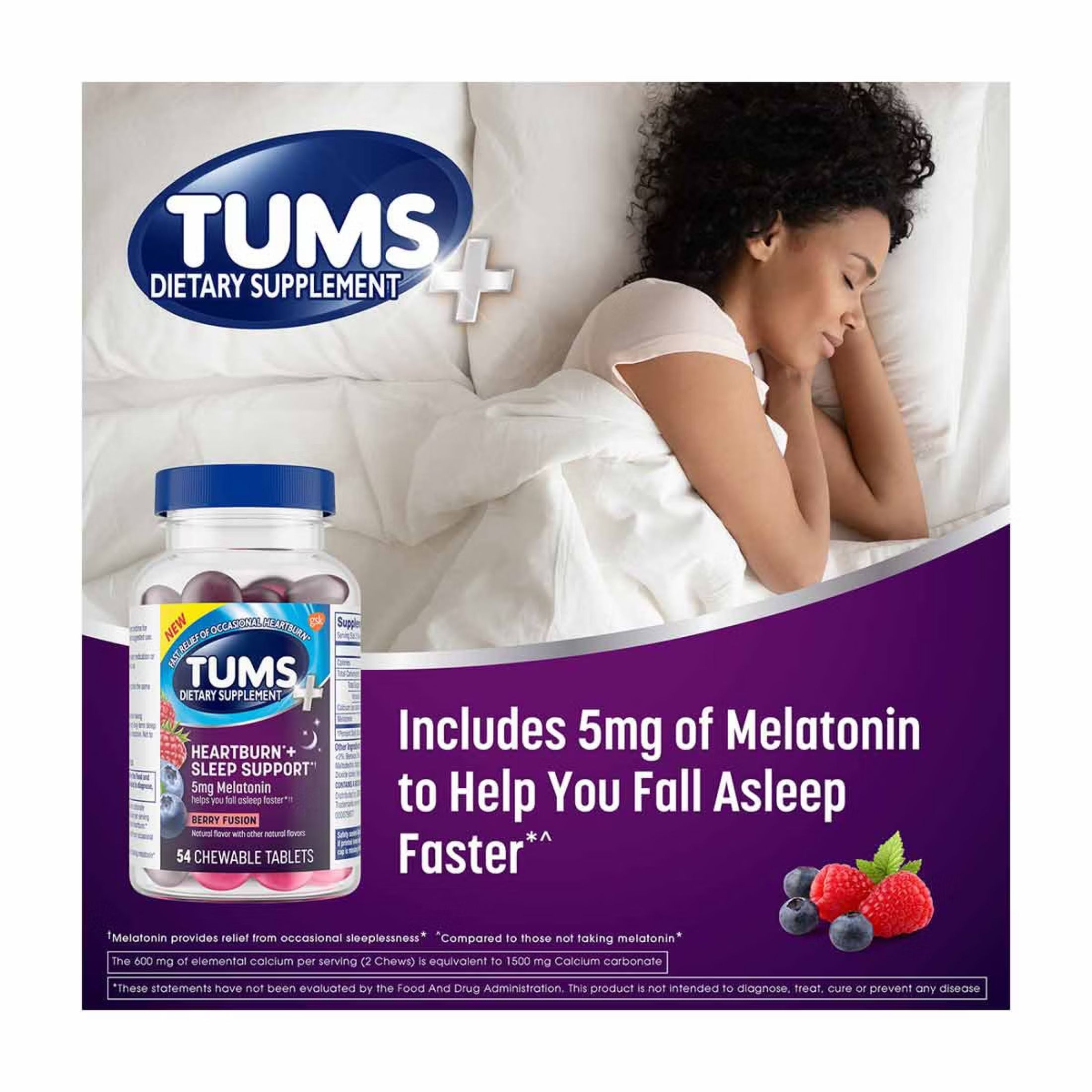 Tums Heartburn And Sleep Support With 5mg Melatonin Chewable Tablets - Berry Fusion