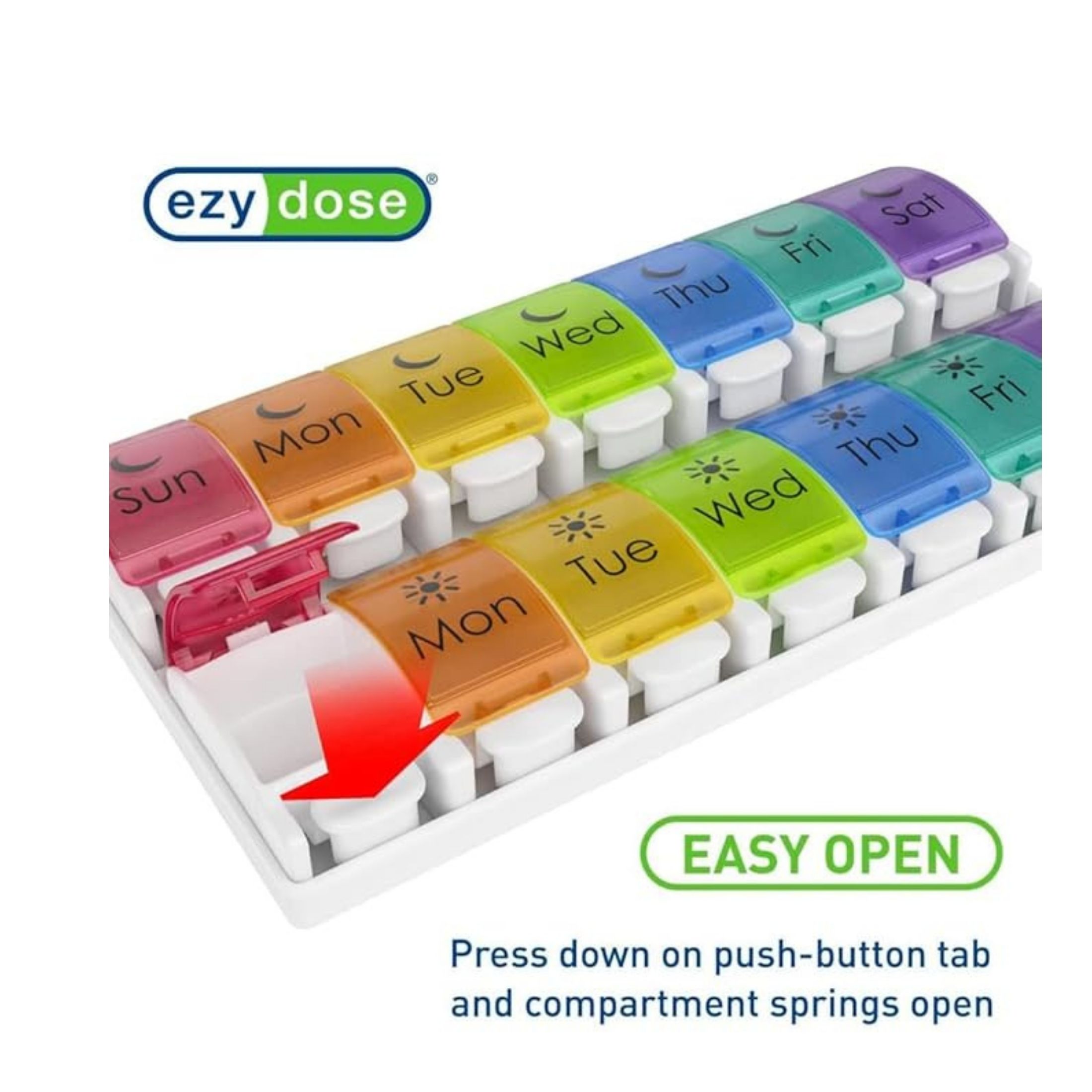 Ezy Dose Push Button 7-Day Pill Case, Am/Pm, Rainbow