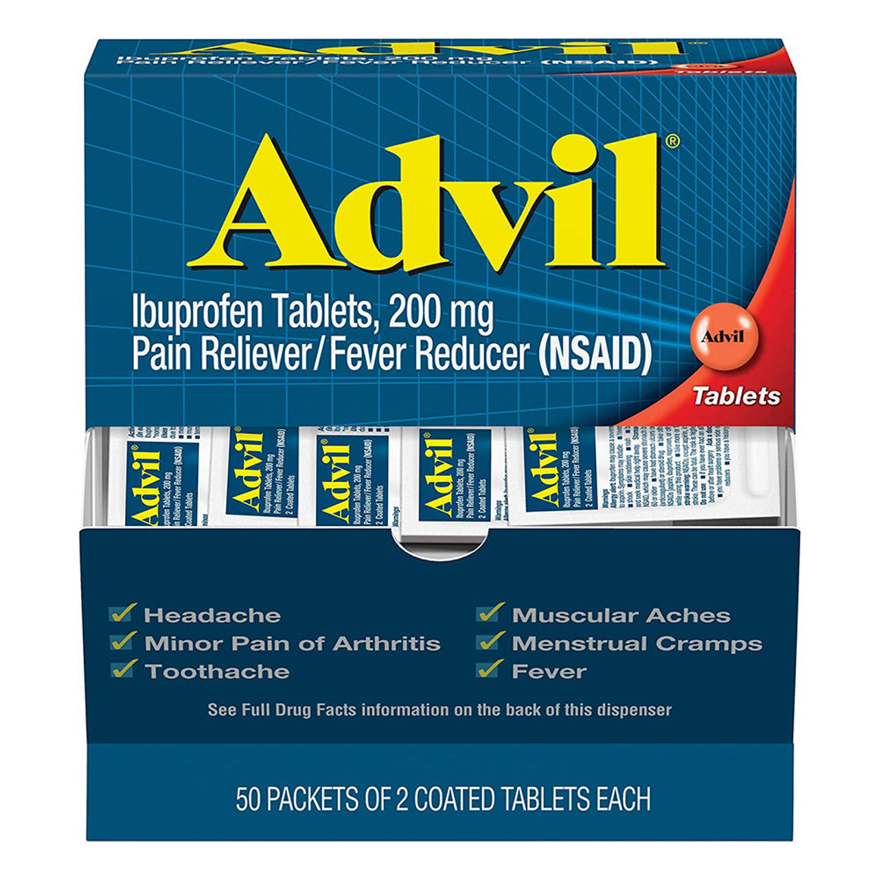 Advil Ibuprofen Tablets, Two-Pack, 50 Packs/Box - Effective Pain Relief