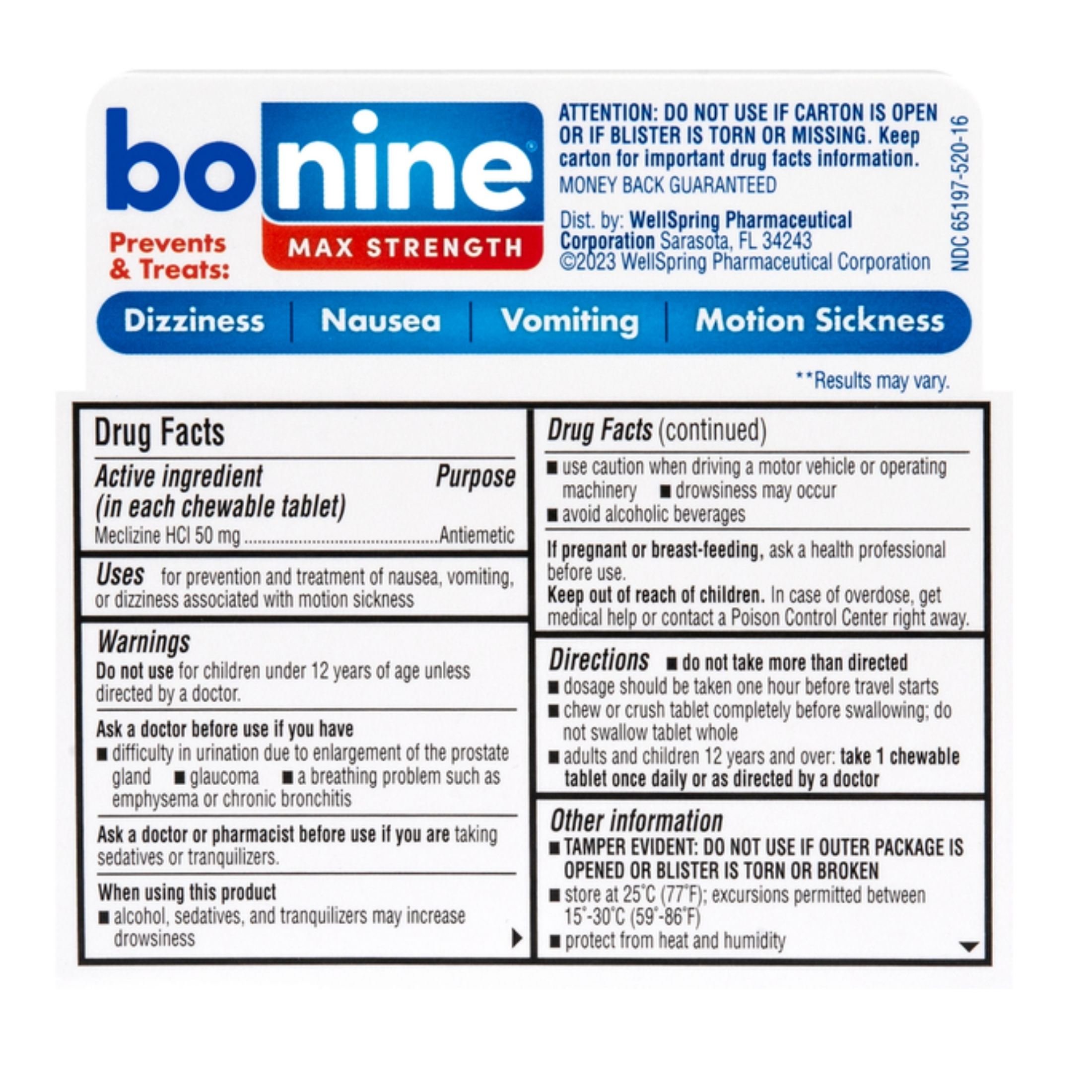 Bonine Meclizine HCL, Max Strength, 50 Mg, Peppermint Flavored