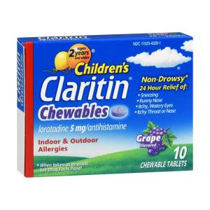 Claritin Indoor & Outdoor Allergies, Non Drowsy, 5 Mg, Chewable Tablets, Grape Flavored, Ages 2+ Years