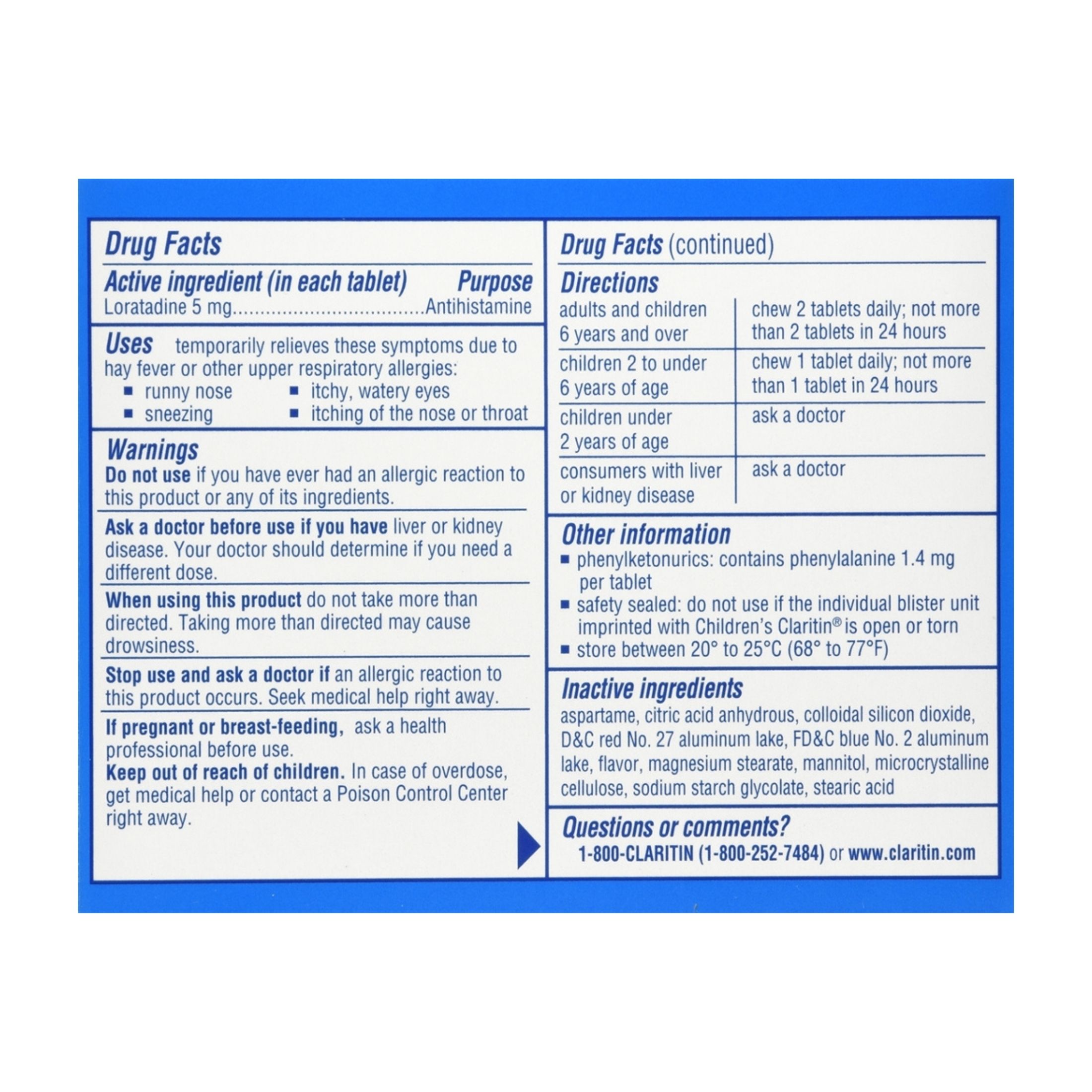 Claritin Indoor & Outdoor Allergies, Non Drowsy, 5 Mg, Chewable Tablets, Grape Flavored, Ages 2+ Years