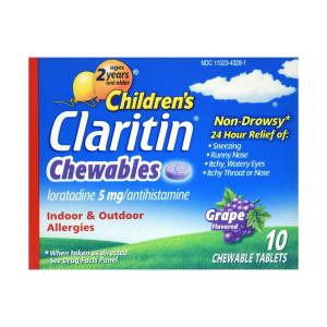 Claritin Indoor & Outdoor Allergies, Non Drowsy, 5 Mg, Chewable Tablets, Grape Flavored, Ages 2+ Years