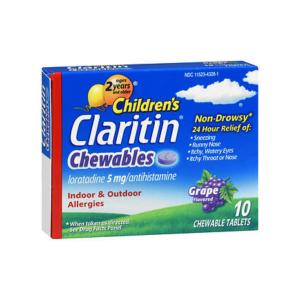 Claritin Indoor & Outdoor Allergies, Non Drowsy, 5 Mg, Chewable Tablets, Grape Flavored, Ages 2+ Years