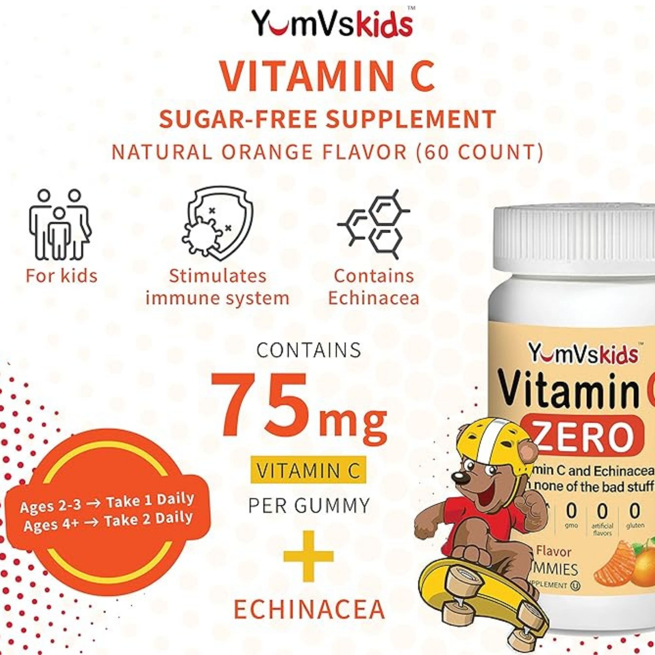 Yum-Vs Vitamins Vitamin C Echinacea Zero Gummies For Kids, Natural Orange Flavor Chewables