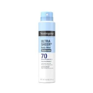 Neutrogena Ultra Sheer Body Mist Sunscreen Spray, Broad Spectrum SPF 70, Lightweight Spray Sunscreen, Non-Greasy & Water Resistant, Oil-Free & Non-Comedogenic U