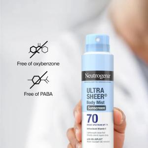 Neutrogena Ultra Sheer Body Mist Sunscreen Spray, Broad Spectrum SPF 70, Lightweight Spray Sunscreen, Non-Greasy & Water Resistant, Oil-Free & Non-Comedogenic U