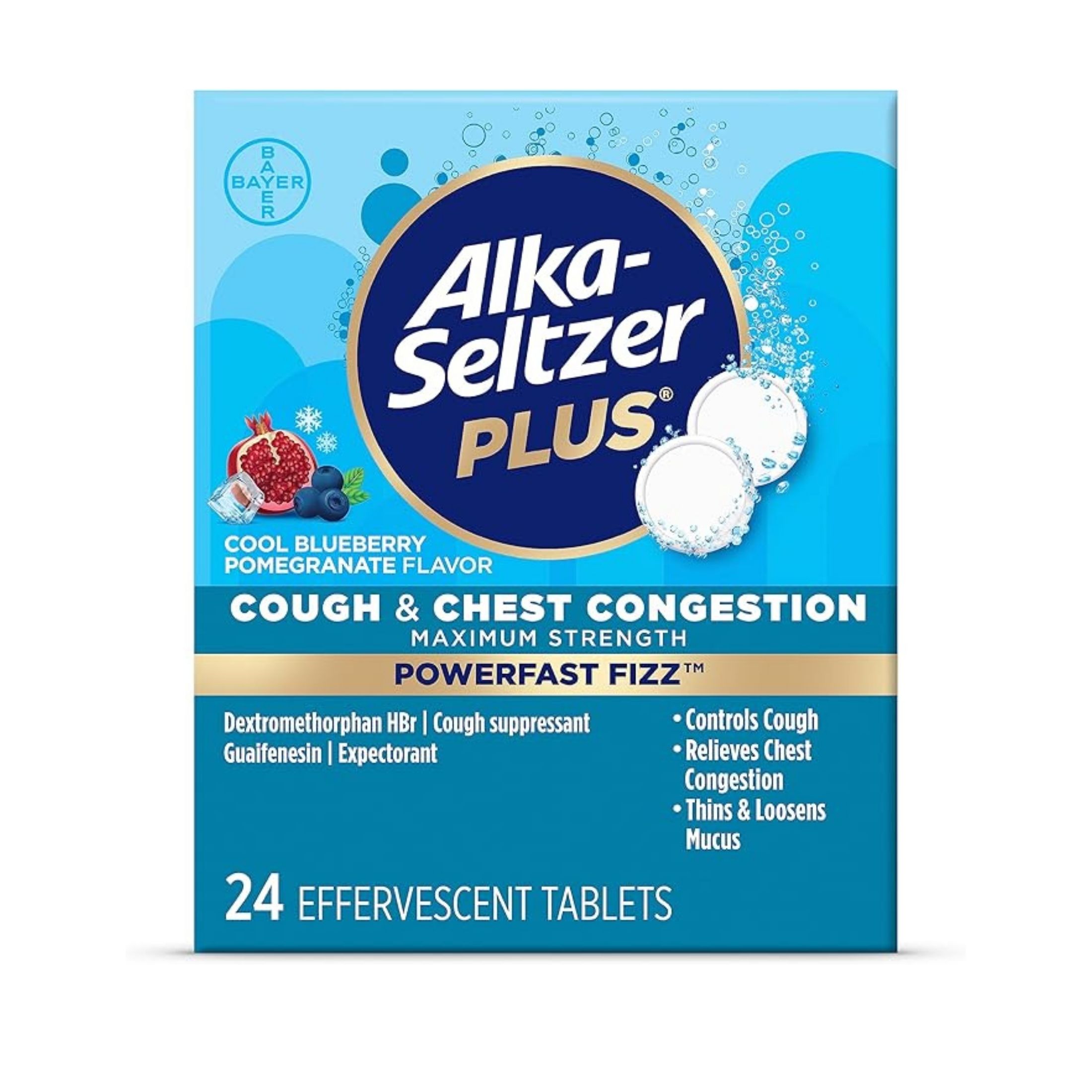 Alka-Seltzer Plus PowerFast Fizz Cough & Chest Congestion, Maximum Strength, Cool Blueberry Pomegranate Flavor