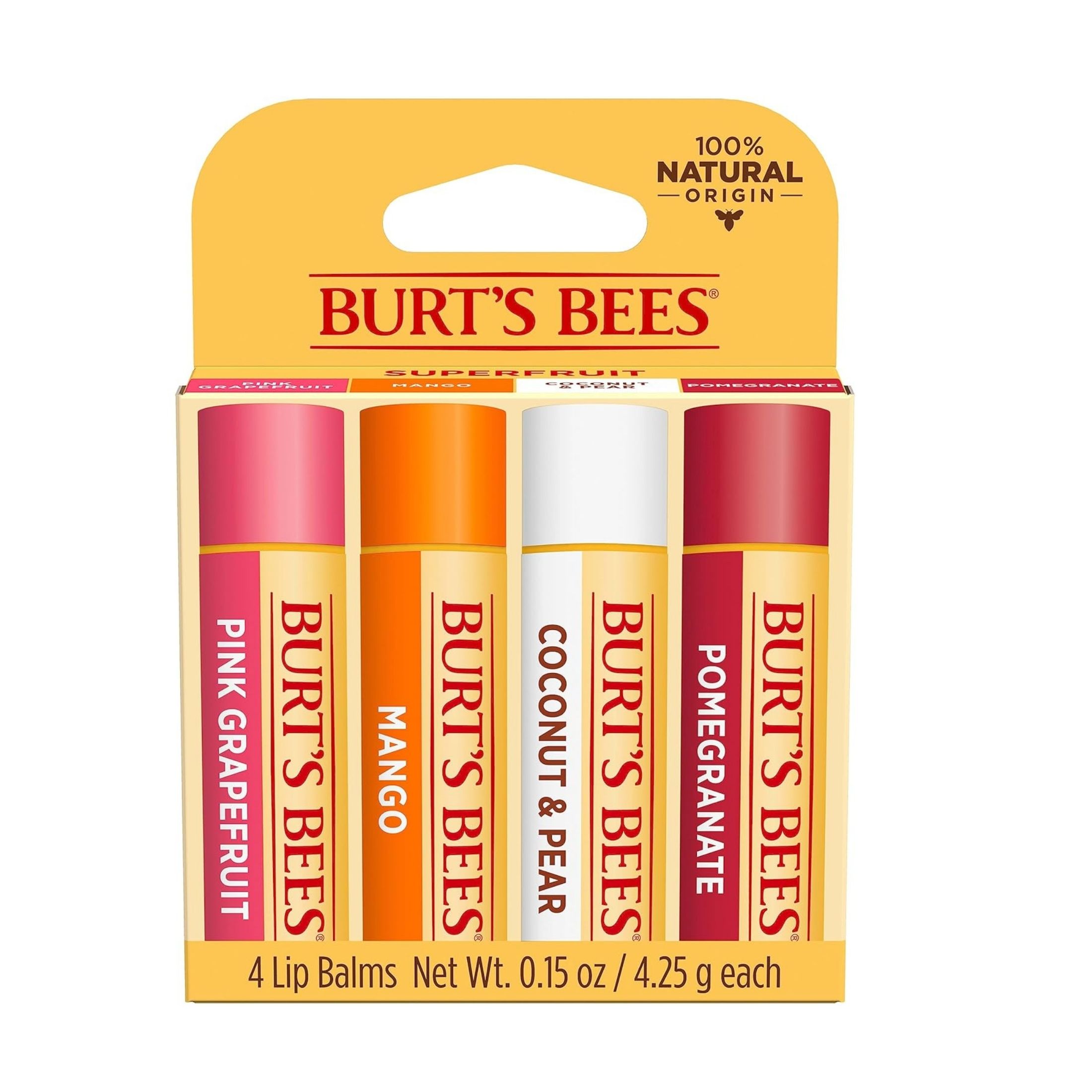 Burt's Bees 100% Natural Moisturizing Lip Balm, Superfruit - Pink Grapefruit, Mango, Coconut & Pear, Pomegranate - 4 Tubes