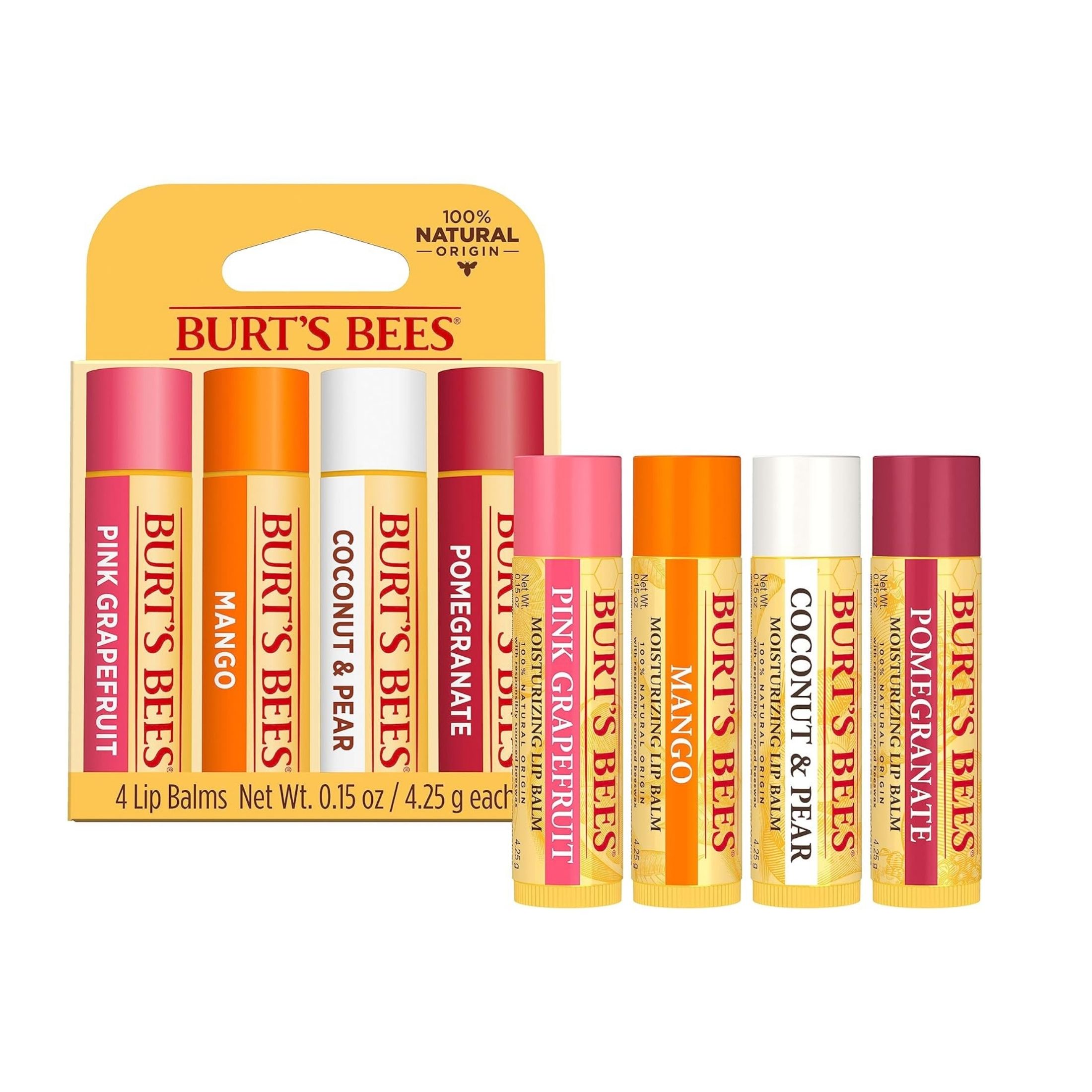 Burt's Bees 100% Natural Moisturizing Lip Balm, Superfruit - Pink Grapefruit, Mango, Coconut & Pear, Pomegranate - 4 Tubes