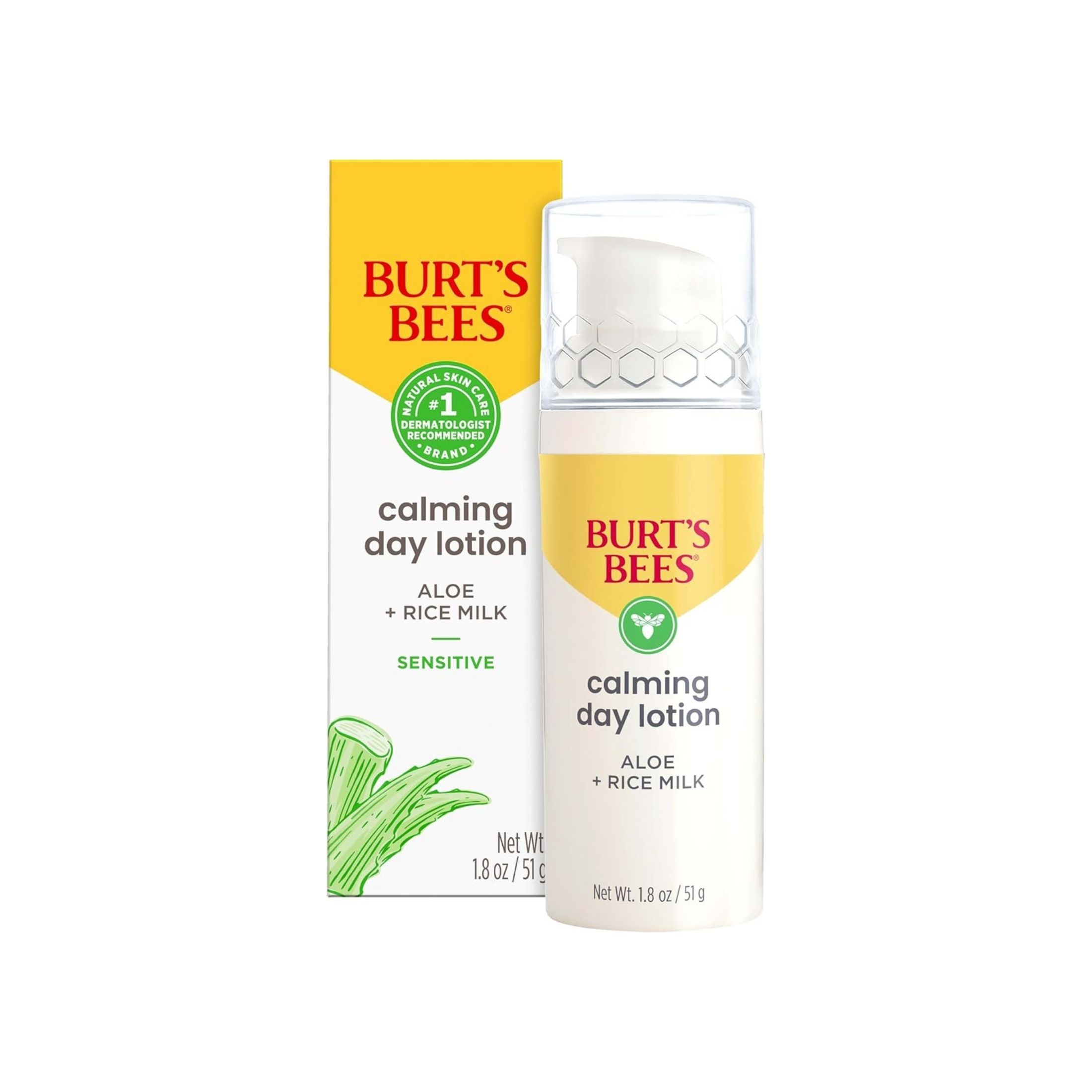 Burt's Bees Calming Day Lotion With Aloe And Rice Milk For Sensitive Skin, 98.8% Natural Origin, 1.8 Fluid Ounces
