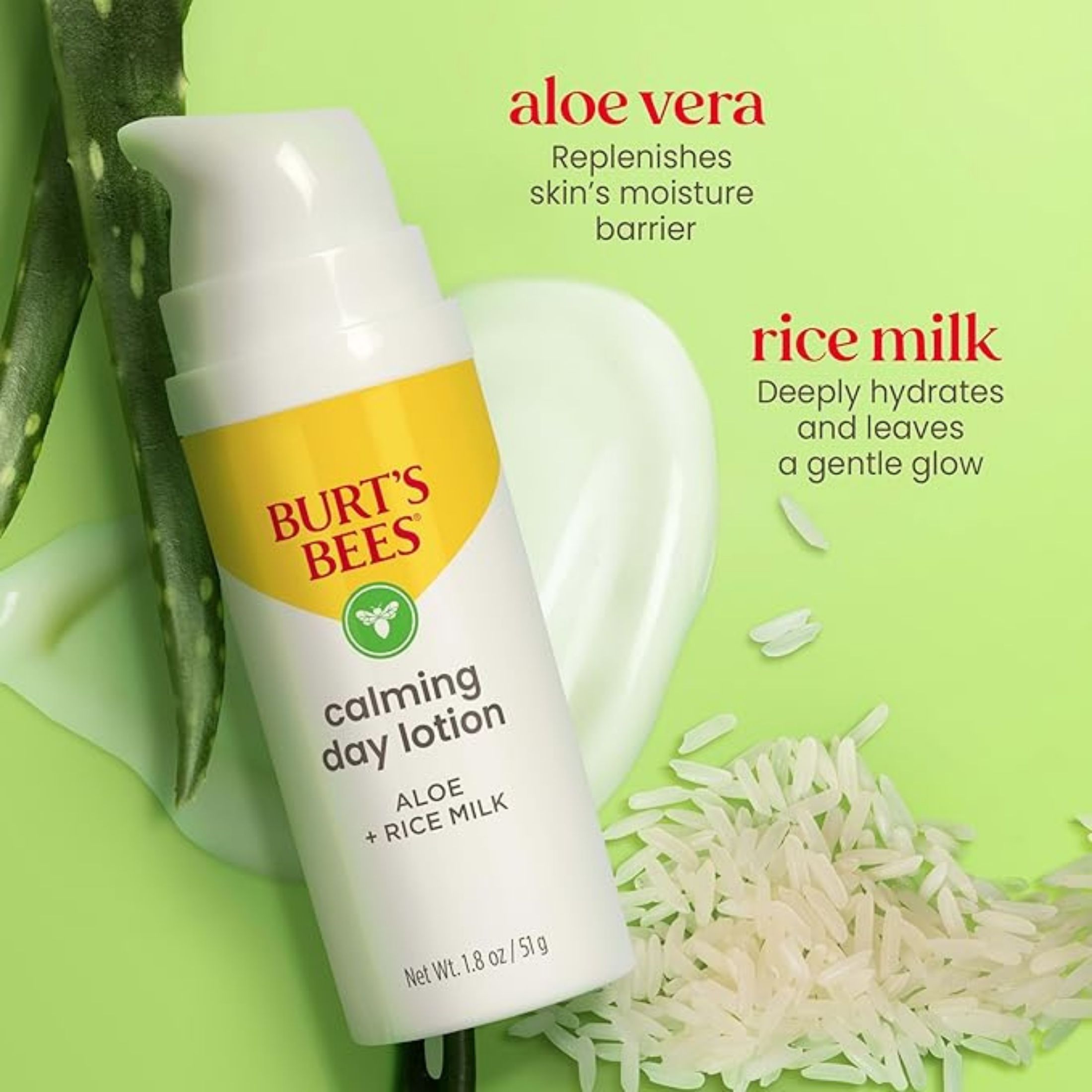 Burt's Bees Calming Day Lotion With Aloe And Rice Milk For Sensitive Skin, 98.8% Natural Origin, 1.8 Fluid Ounces