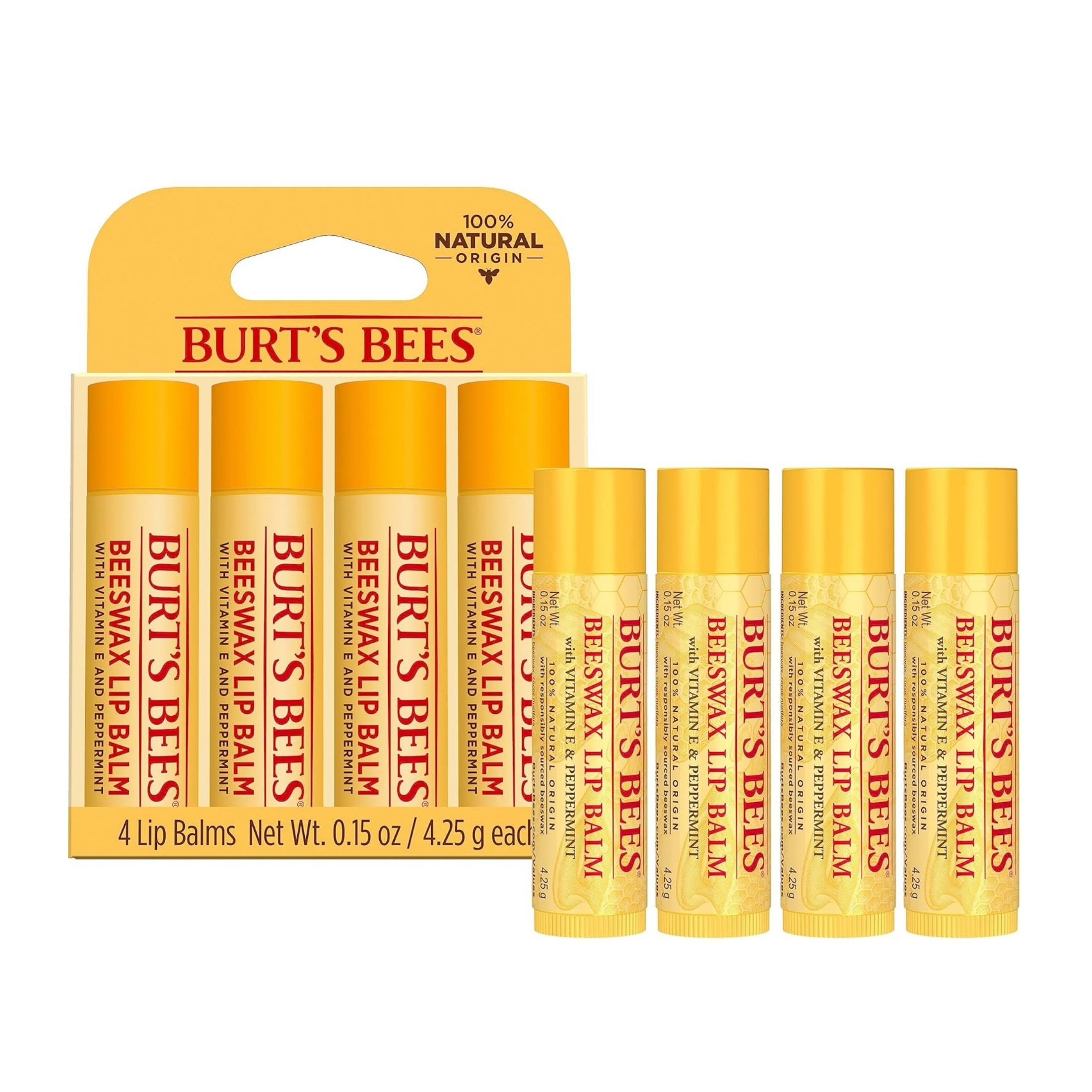 Burt's Bees 100% Natural Origin Moisturizing Lip Balm Original Beeswax With Vitamin E & Peppermint Oil, Beeswax, 4 Tubes