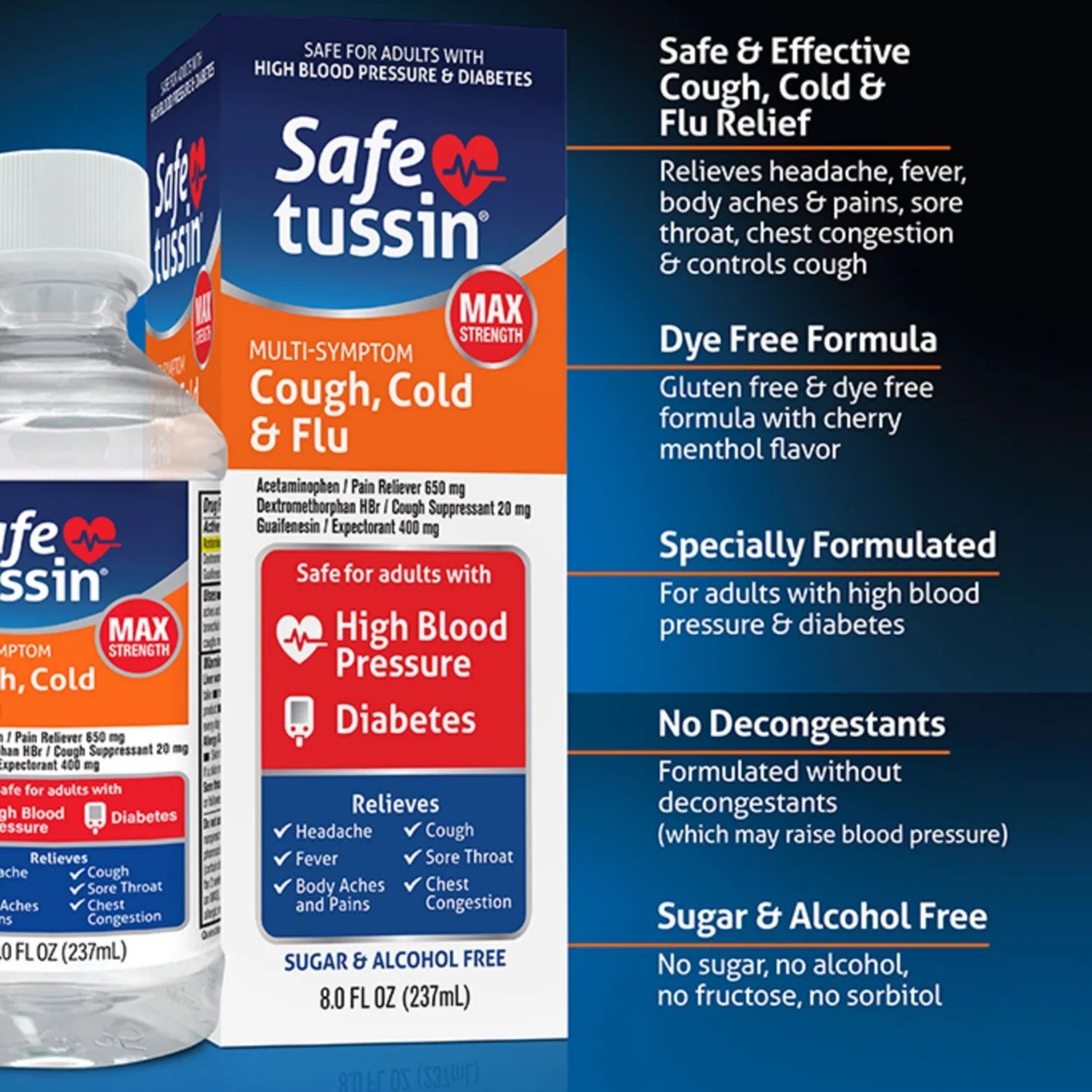 Safetussin Cough, Cold & Flu, Multi-Symptom, Max Strength 8 Fl Oz
