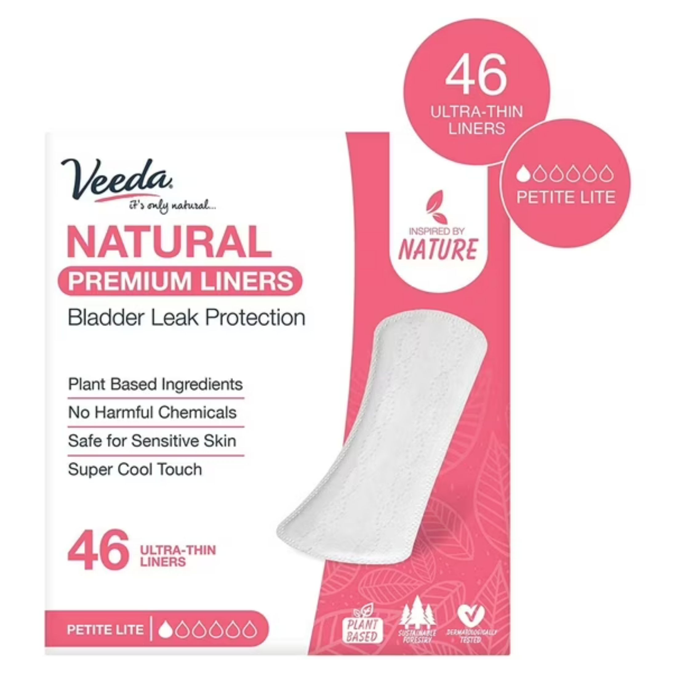 Veeda Daily Natural Premium Incontinence And Postpartum Panty Liners, For Bladder Leakage Protection, Petite Lite Absorbency, Long Length, 46