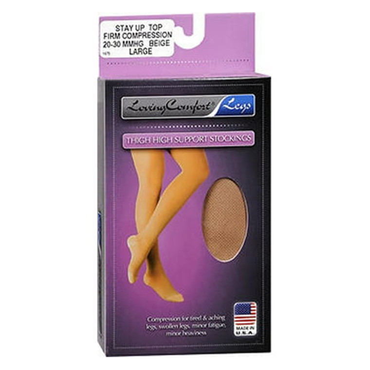 Loving Comfort Stockings Legs Thigh High Support Firm Compression Beige Large - 1 Pair