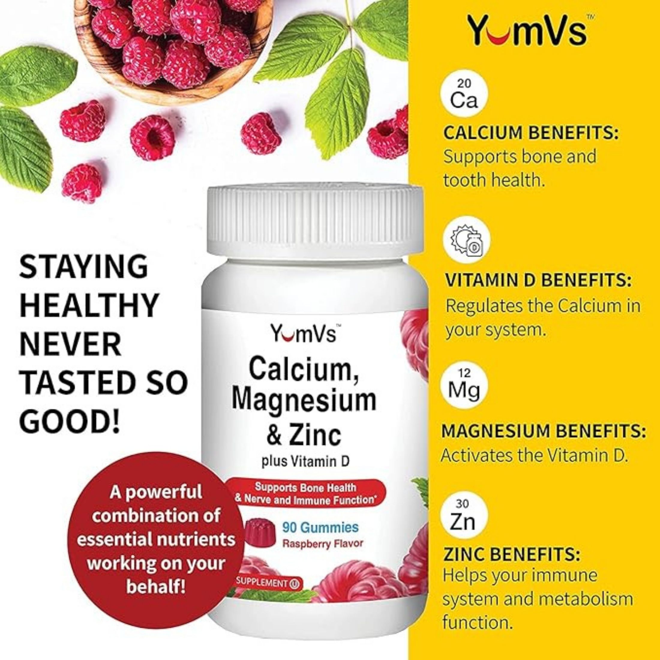 Yum-v's Calcium, Magnesium, Zinc & Vitamin D Gummies By Chewable Supplement For Adults Women & Men Kosher Halal Gummys Natural Raspberry Flavor Gummies