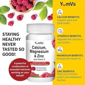 Yum-v's Calcium, Magnesium, Zinc & Vitamin D Gummies By Chewable Supplement For Adults Women & Men Kosher Halal Gummys Natural Raspberry Flavor Gummies