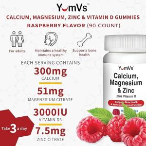 Yum-v's Calcium, Magnesium, Zinc & Vitamin D Gummies By Chewable Supplement For Adults Women & Men Kosher Halal Gummys Natural Raspberry Flavor Gummies