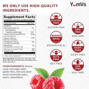 Yum-v's Calcium, Magnesium, Zinc & Vitamin D Gummies By Chewable Supplement For Adults Women & Men Kosher Halal Gummys Natural Raspberry Flavor Gummies