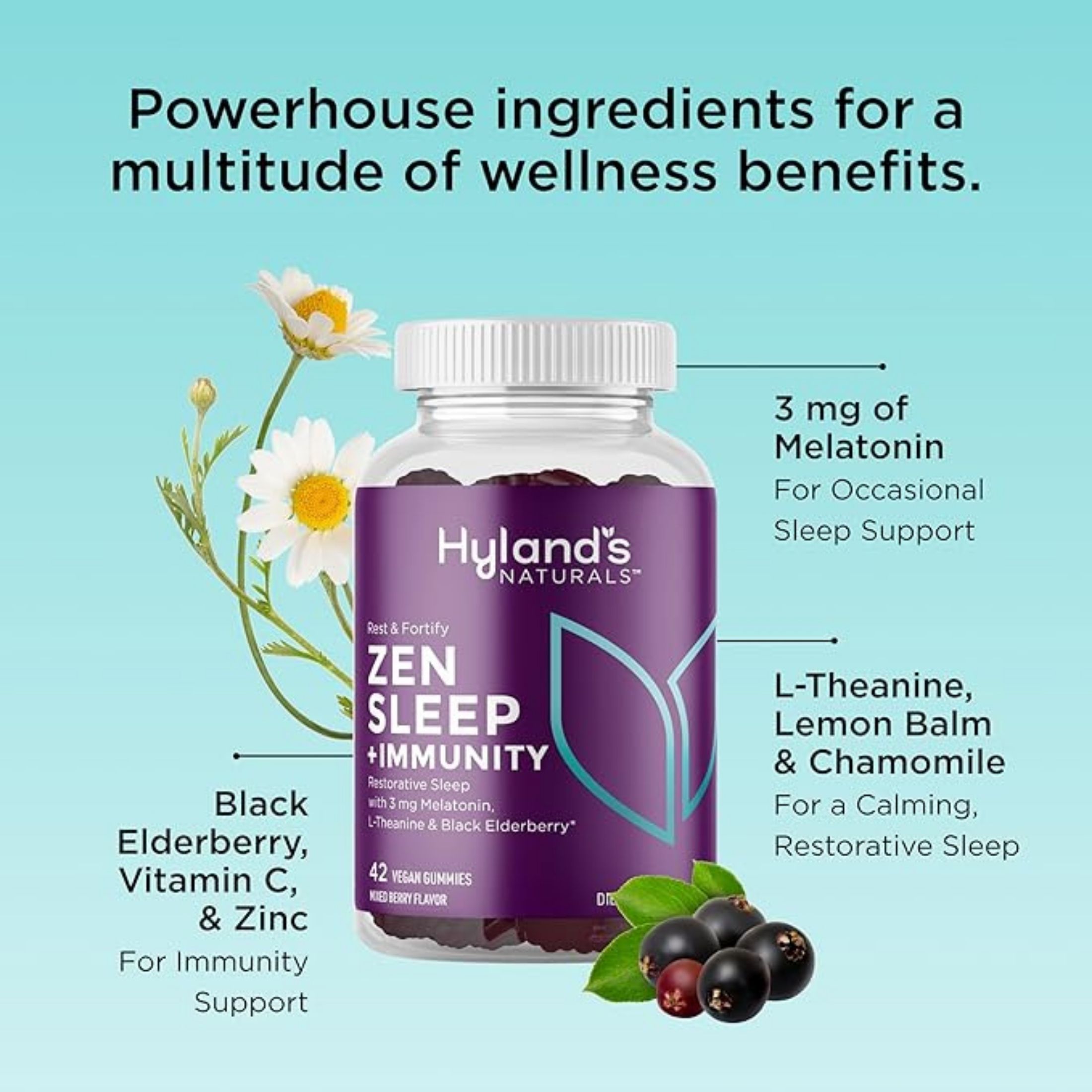 Hyland's Naturals Rest & Fortify Zen Sleep Aid + Immune Support - 42 Vegan Gummies - With Melatonin + L-Theanine For Sleep Support And Organic Black Elderberry, Vitamin C And Zinc For Immune Support