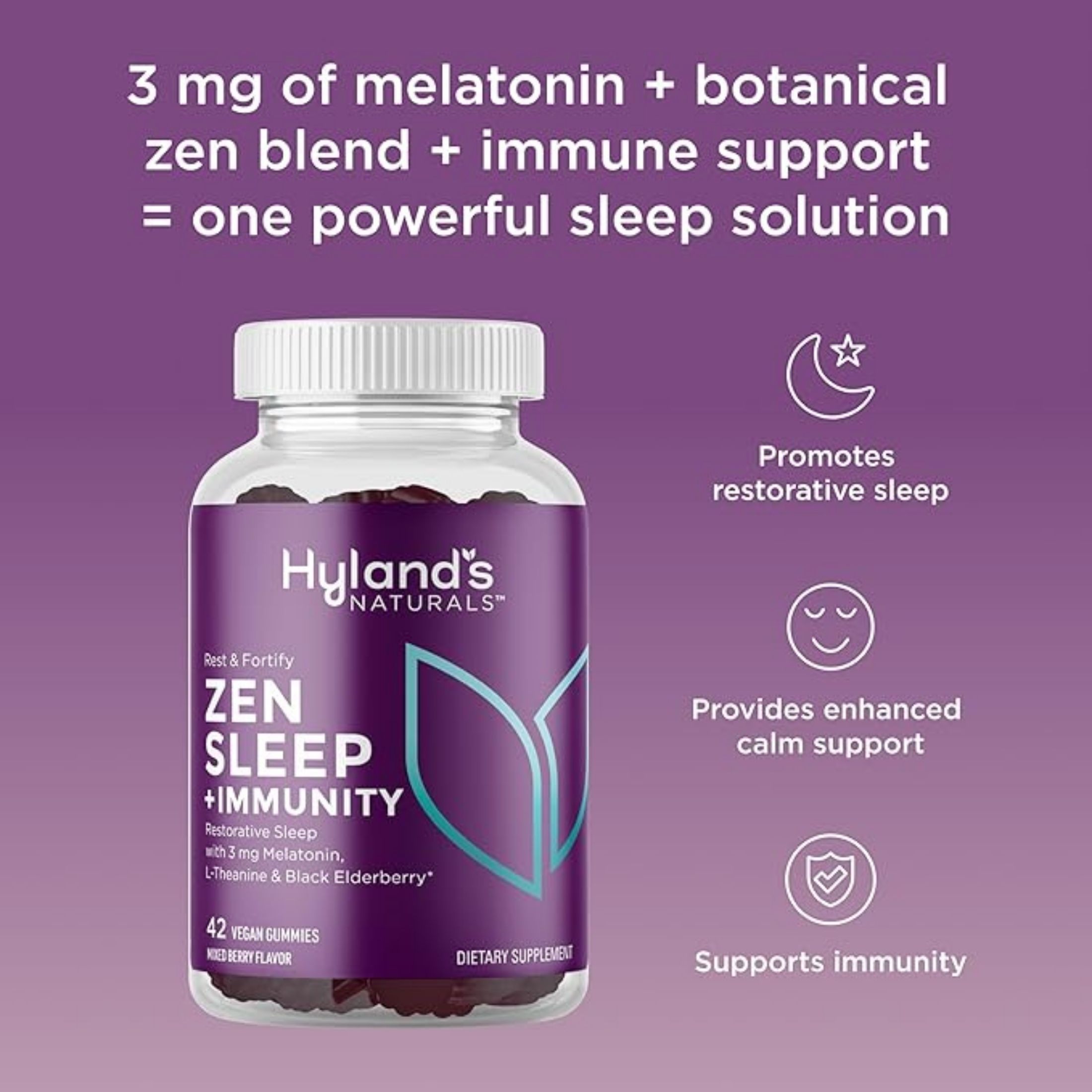 Hyland's Naturals Rest & Fortify Zen Sleep Aid + Immune Support - 42 Vegan Gummies - With Melatonin + L-Theanine For Sleep Support And Organic Black Elderberry, Vitamin C And Zinc For Immune Support