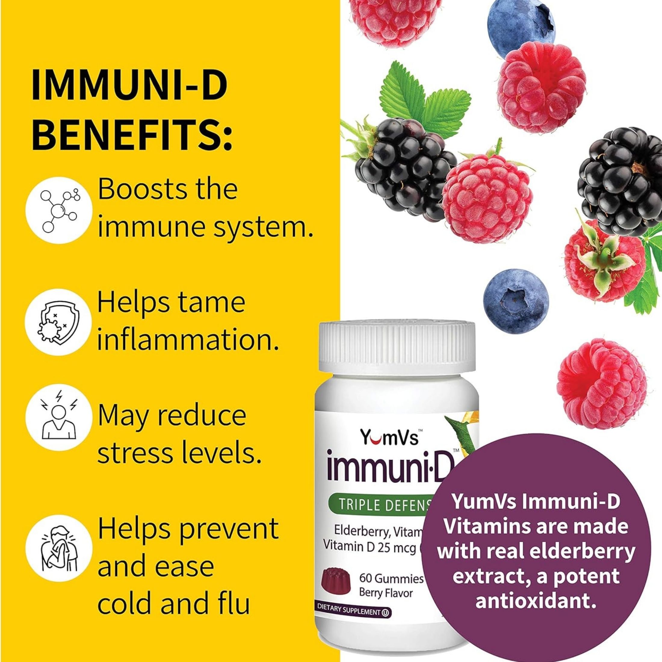Yum-V S Immune Standardized Elderberry All-Natural, Vitamin C & Zinc 50 Gummies