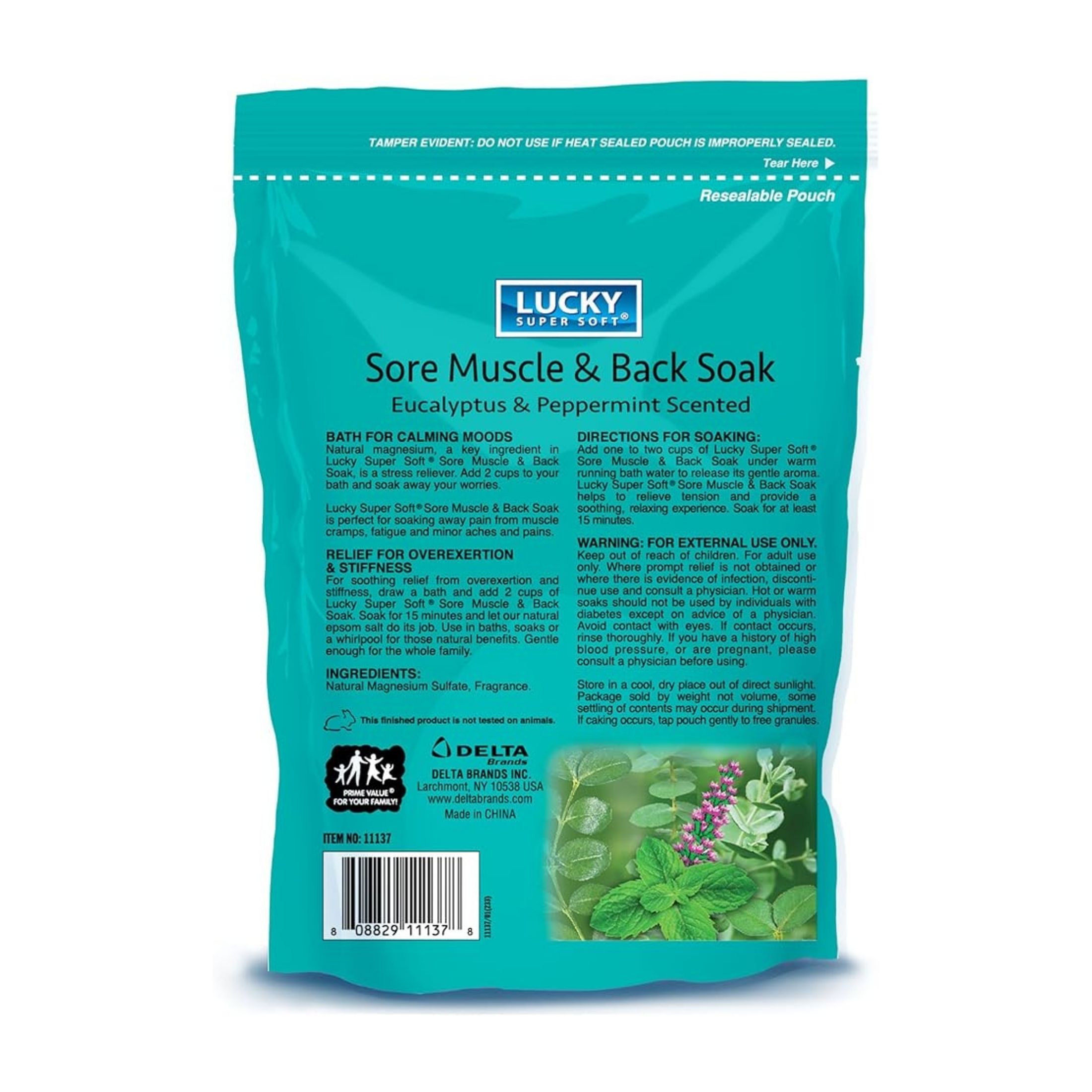 Lucky Super Soft Epsom Salt, Sore Muscle & Back Soak, Eucalyptus & Peppermint Scented 16 Oz