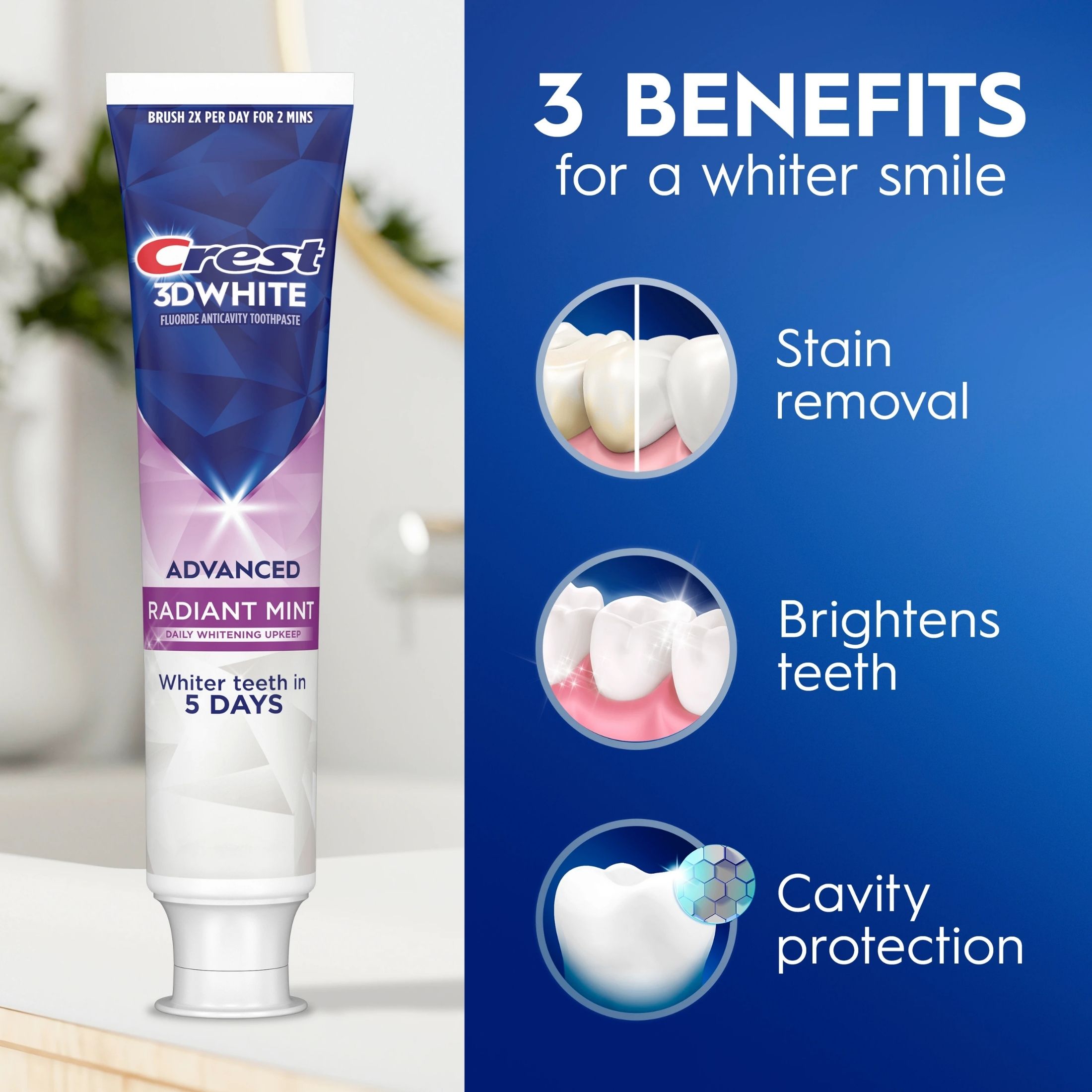 Crest 3D White Advanced Teeth Whitening Toothpaste, Radiant Mint - Trial Size - 2.4 Oz