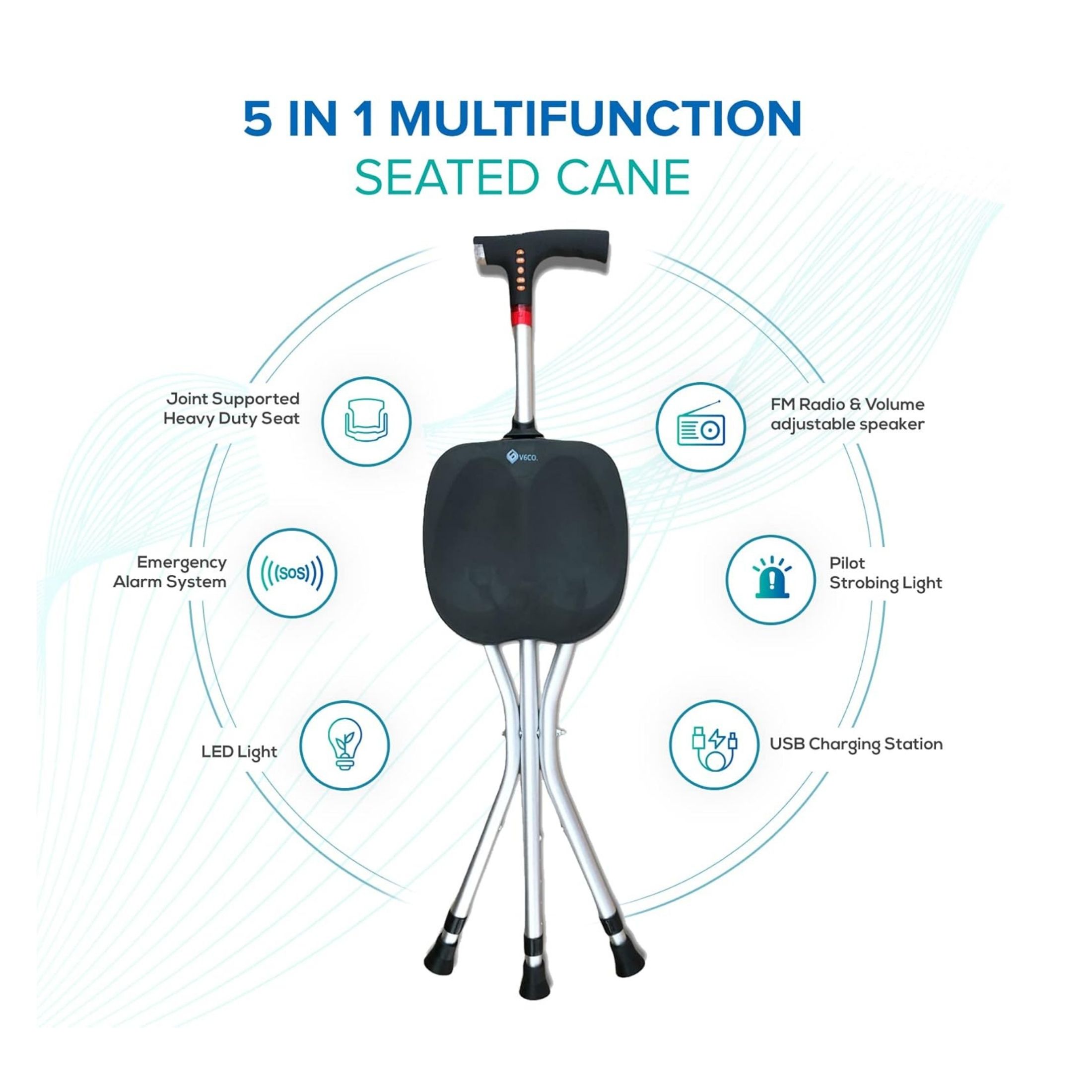 V6co Heavy Duty 5 In 1 Multi Function Seated Cane With Adjustable Height Walking Stick