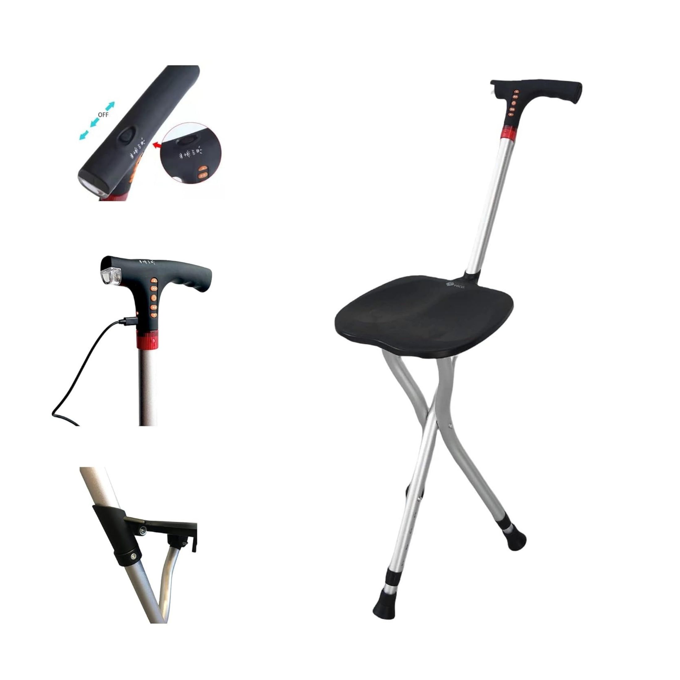 V6co Heavy Duty 5 In 1 Multi Function Seated Cane With Adjustable Height Walking Stick