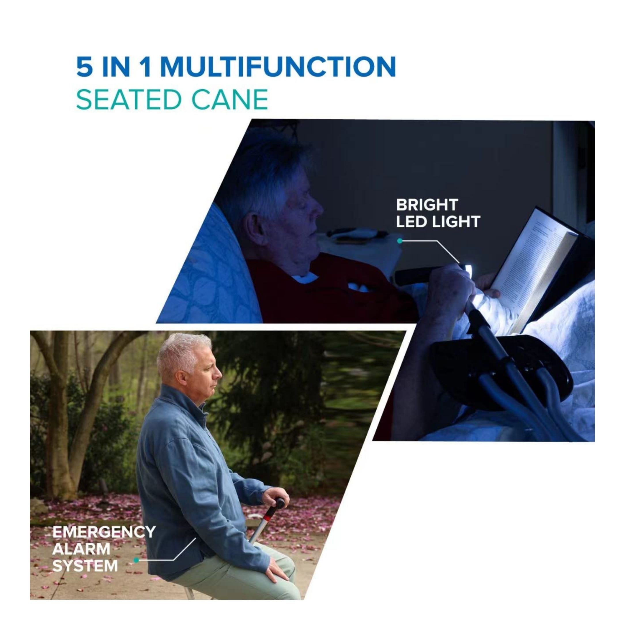 V6co Heavy Duty 5 In 1 Multi Function Seated Cane With Adjustable Height Walking Stick